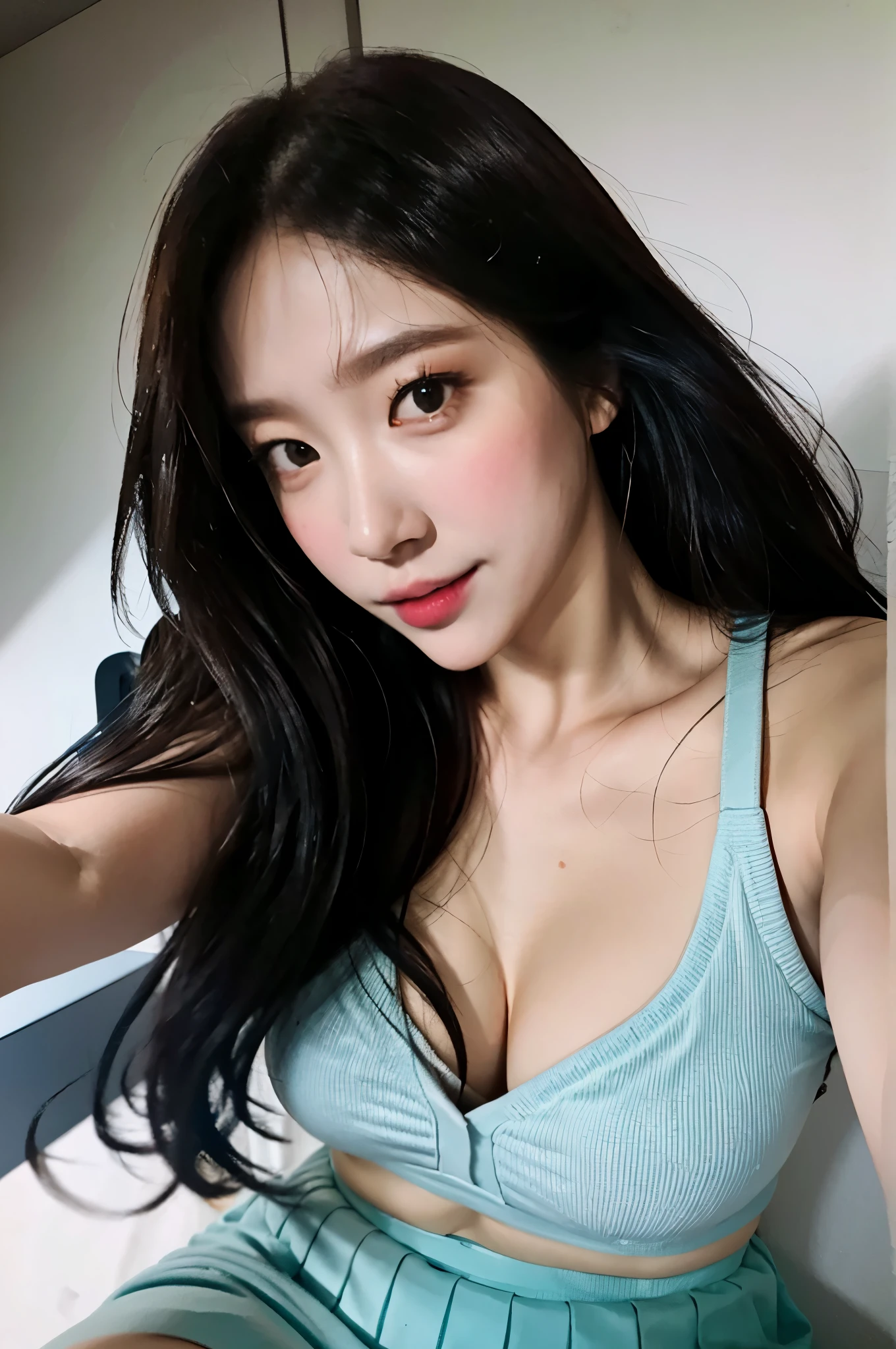 1 girl,(masterpiece:1.2), (best quality:1.2), (Very detailed), Selfie from the center front, (extremely Detailed face), ((Super detailed的眼睛和瞳孔)), (Super detailed), 8k, lifelike, pretty face, Smile, Instagram screenshot, Instagram style, in bedroom, looking at the audience, facing forward, perfect skin, Cinema lighting, black hair, black eyes, Upper body, portrait photo, No makeup, Nikon RAW photos, 8k ,富士XT3, lifelike, Detailed face, White skin, perfect shape, face slimming, indoors, dim lights, (looking at the audience:1.2), skirt, armpit,
