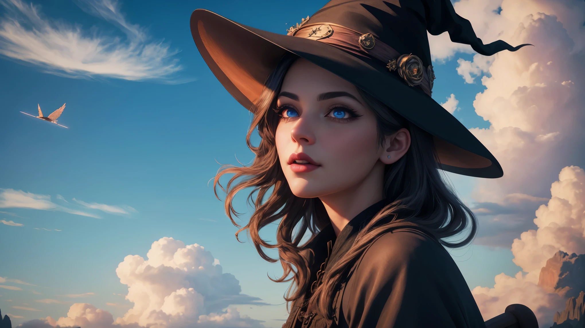 Witch side-sitting on a magical broom flying, majestic ascent, beautiful detailed eyes, beautiful detailed lips, extremely detailed eyes and face, long eyelashes, (best quality,4k,8k,highres,masterpiece:1.2), ultra-detailed, (realistic,photorealistic,photo-realistic:1.37), enchanting skyward journey, magical broomstick ride, whimsical side posture, mystical aerial display, wonderful cloud-filled sky, thrilling ride amongst clouds.
