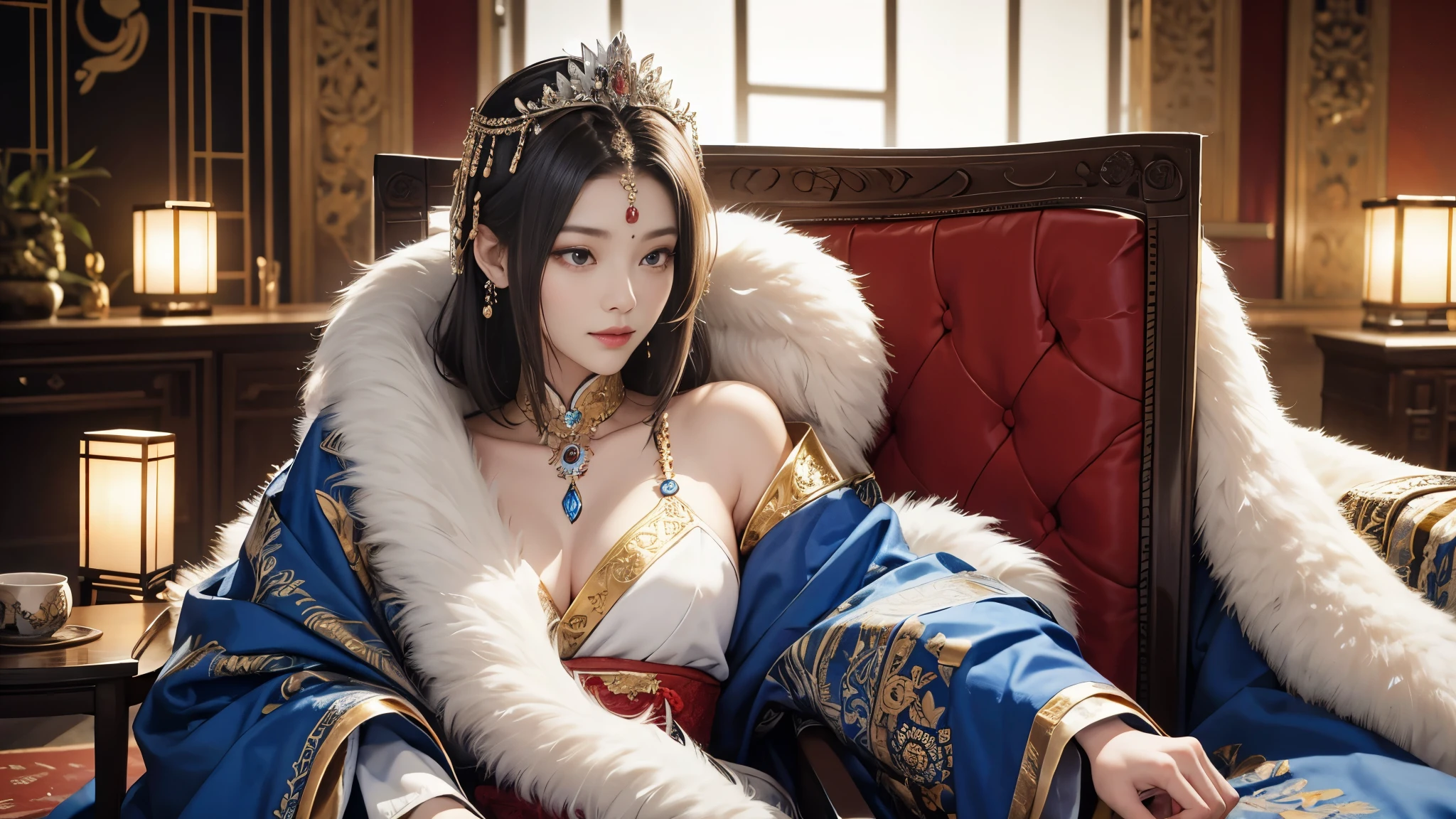 (8K, RAW photo, highest quality, masterpiece: 1.2), (realistic, realistic: 1.37), 1 girl, ancient China、In a room in the imperial court at the end of the Later Han Dynasty、The empress is sitting in a luxurious chair。The empress is華やかな服装で神々It has a nice aura of atmosphere.。The empress is綺麗な顔立ちで、She is wearing the fashionable hair ornaments of the time.。The empress is、He is smiling and facing forward.。