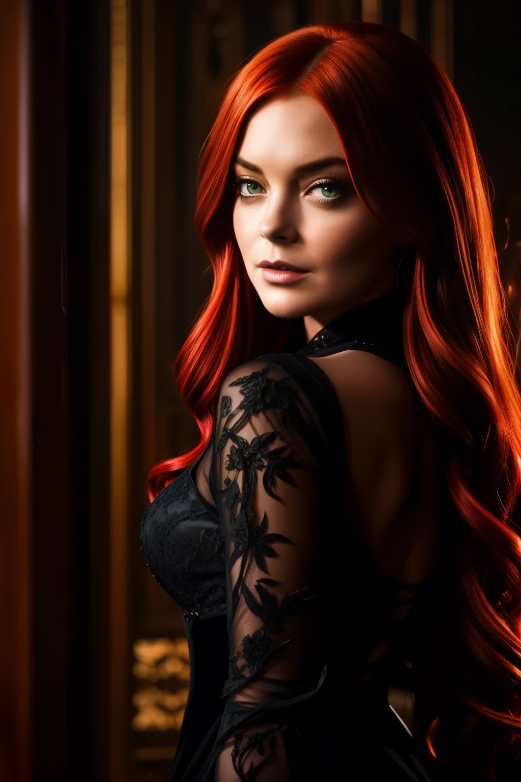 In the enchanting John Wick universe, the alluring Lindsay Lohan transforms into a bewitching figure, radiating an irresistible aura of mystery and seduction. With her fiery red hair cascading down her shoulders, her mesmerizing green eyes gleaming with an otherworldly allure, she embodies the enchantress that every witch tale longs to tell. Her figure, sculpted with a perfect hourglass silhouette, is showcased in the best quality, an 8k masterpiece with sharp focus, captured through a 35mm lens using an f/0.8 aperture. The enchanting scene is further illuminated by