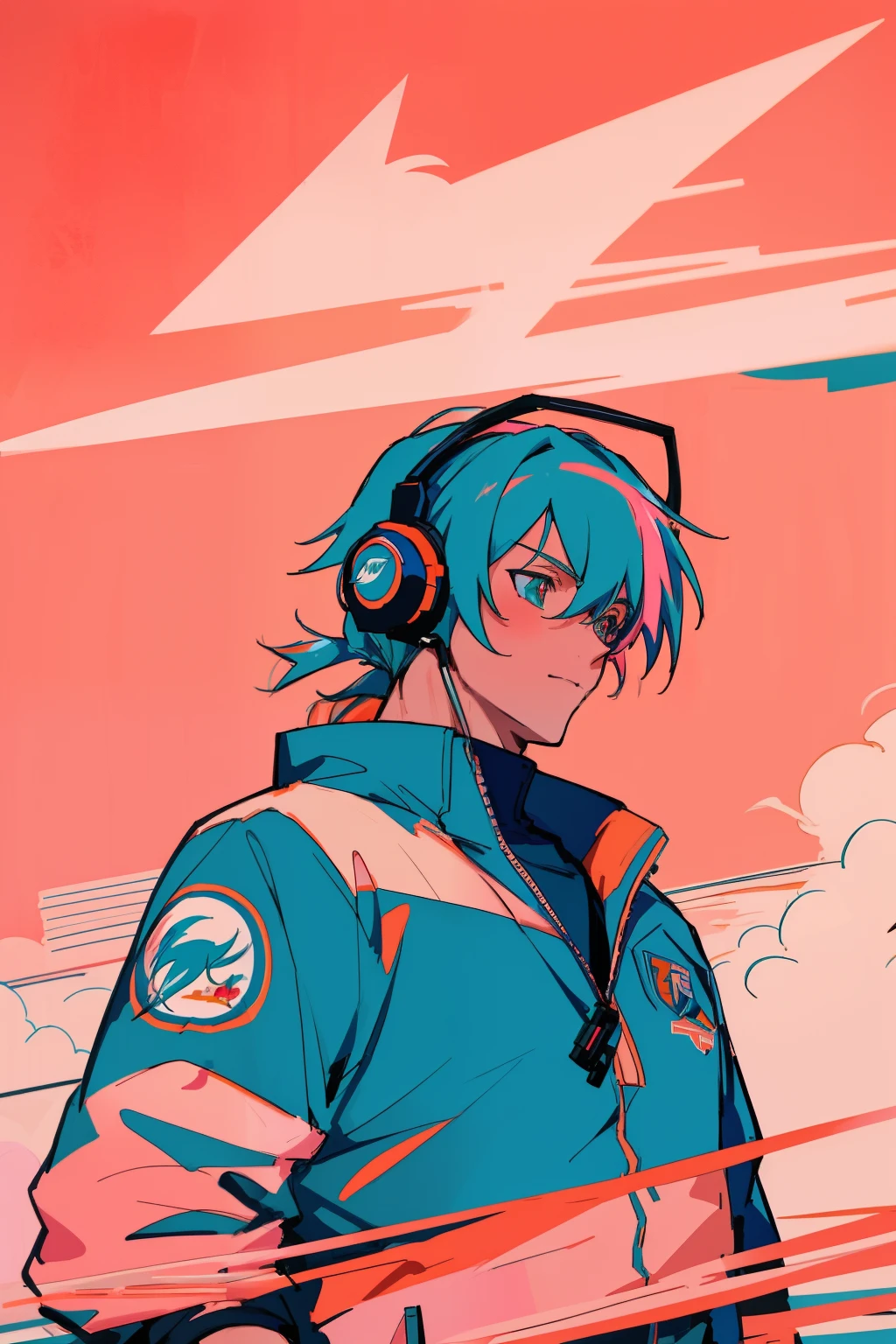 (high-res,masterpiece:1.2),anime-style illustration of a man wearing tactical headphones and a Miami Dolphins jacket,tactical headphones,anime-style,Colorful artwork,Anime-style, Miami Dolphins jacket,tactical gear,detailed illustration,anime,pink and teal color palette,dynamic lighting,sharp focus