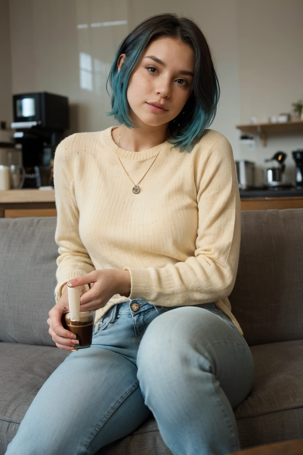 beautiful woman with turquoise hair, light freckles, on a coffee shop couch, wearing tight jeans and yellow sweater, crossed legs, thick thighs, dreamy and romantic compositions