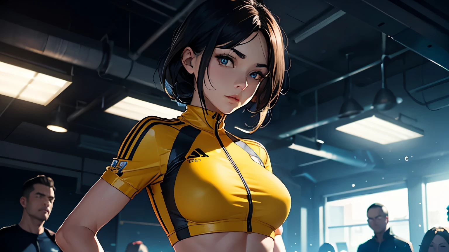 4K, A high resolution, Best quality at best, masterpiece, perfect colors, perfect shadow, perfect litthing, ((sportrait)), 1woman, fit-muscled body, bright yellow eyes,dark blue hair , blue eyes, With round lenses, The audience watched carefully, (s face: 1.2), Perfect female figure, ((standing)), ((yellow Tight crop top leather suit)), ((shy and looking at viewert)), (Perfect thick white eyebrows) Delicate fur, 详细s face, s the perfect face, At a fantasy cyberpunk city , (model pose standing), energetic background, perfect city skyscape, lighting atmosphere, ((Bonifasko lighting)), (The round lenses on his eyes)(詳細な目), Perfect student, face close up