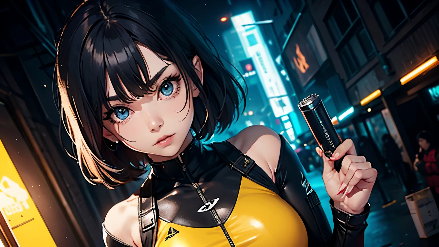 4K, A high resolution, Best quality at best, masterpiece, perfect colors, perfect shadow, perfect litthing, ((sportrait)), 1woman, fit-muscled body, bright yellow eyes，dark blue hair , blue eyes, With round lenses, The audience watched carefully, (s face: 1.2), Perfect female figure, ((standing)),  ((yellow Tight crop top leather suit)), ((shy and looking at viewert)), (Perfect thick white eyebrows) Delicate fur, 详细s face, s the perfect face, At a  fantasy cyberpunk city , (model pose standing), energetic background, perfect  city skyscape,  lighting atmosphere, ((Bonifasko lighting)), (The round lenses on his eyes)(詳細な目), Perfect student, face close up
