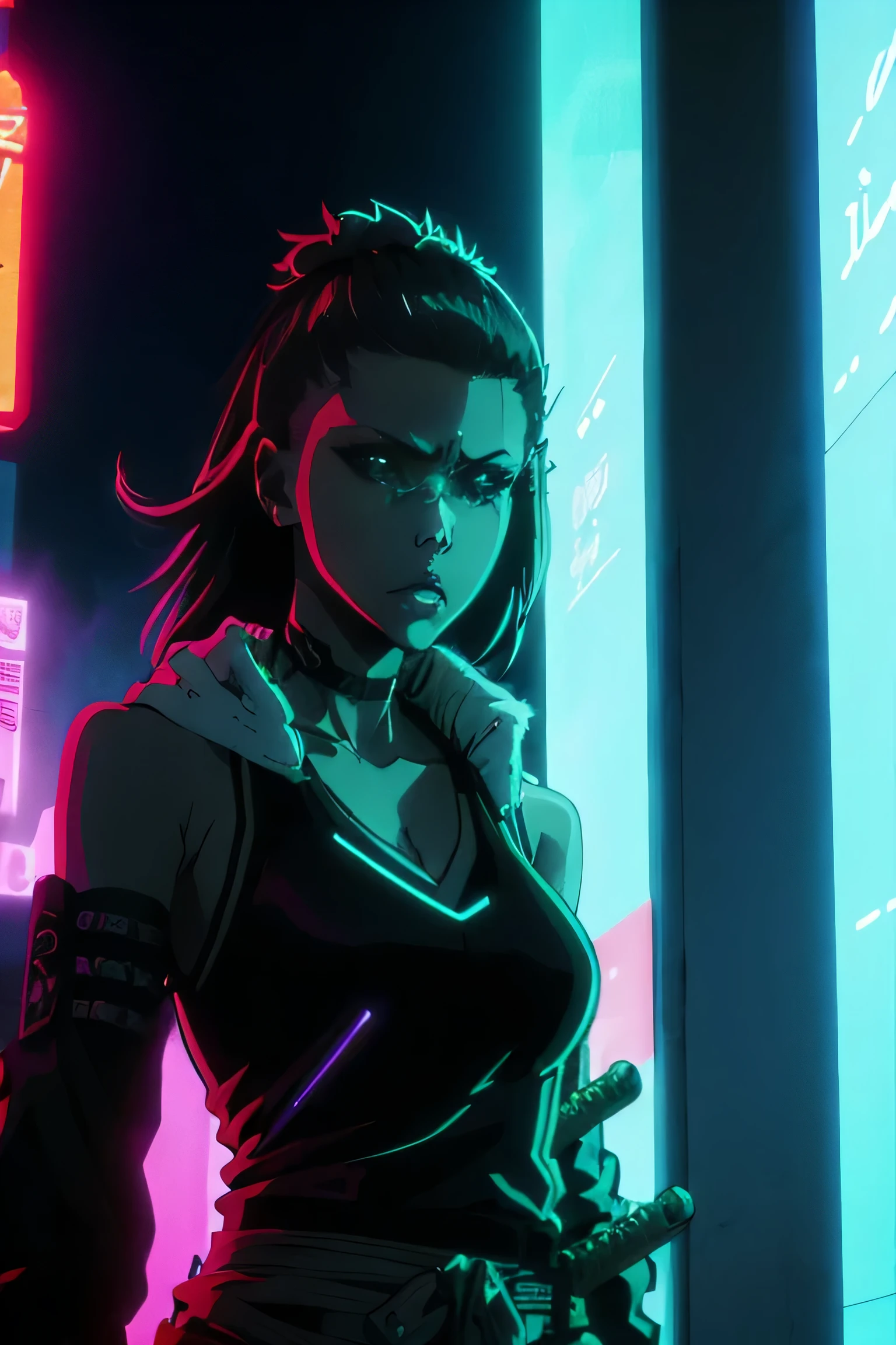 girl, cyberpunk, neon, katana on goals