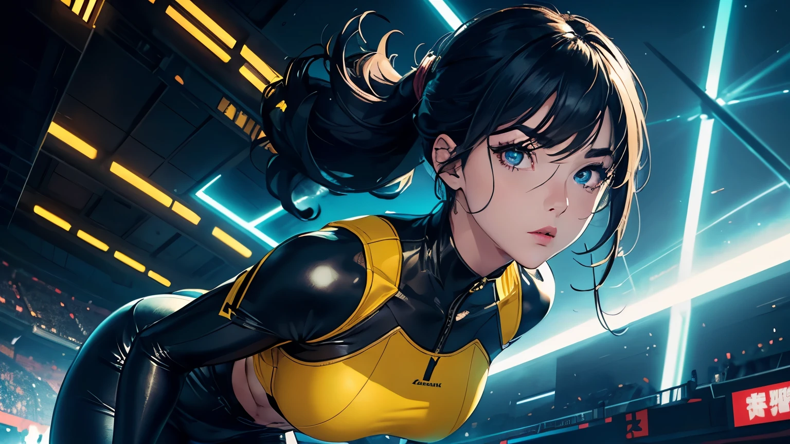 4K, A high resolution, Best quality at best, masterpiece, perfect colors, perfect shadow, perfect litthing, ((sportrait)), 1woman, fit-muscled body, bright yellow eyes,dark blue hair , blue eyes, With round lenses, The audience watched carefully, (s face: 1.2), Perfect female figure, ((standing)), ((yellow Tight crop top leather suit)), ((shy and looking at viewert)), (Perfect thick white eyebrows) Delicate fur, 详细s face, s the perfect face, At a fantasy cyberpunk city , (model pose standing), energetic background, perfect city skyscape, lighting atmosphere, ((Bonifasko lighting)), (The round lenses on his eyes)(詳細な目), Perfect student, face close up