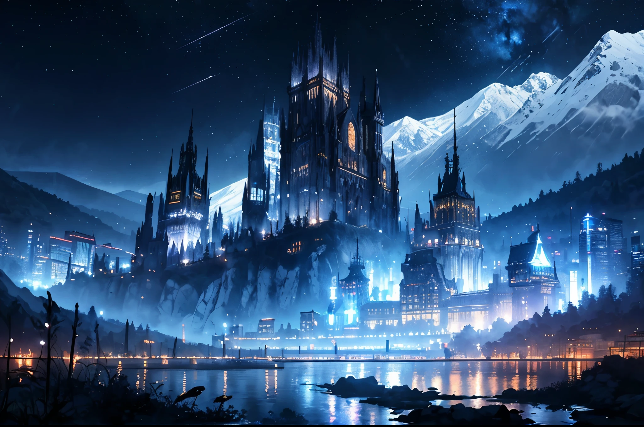 (Black and white marble gothic style building),masterpiece, concept art, panoramic,Close-up of the vista,高山上的超大City,Western fantasy style,Normandy Civilization Style,(The combination of magic and technology,Black and white marble style building), fantasy theme,Western European steel style city on a high mountain,The top of the gray mountain,City,Sky,The place where three rivers meet,Sky中的飞龙,Volumetric lighting, global illumination, HD