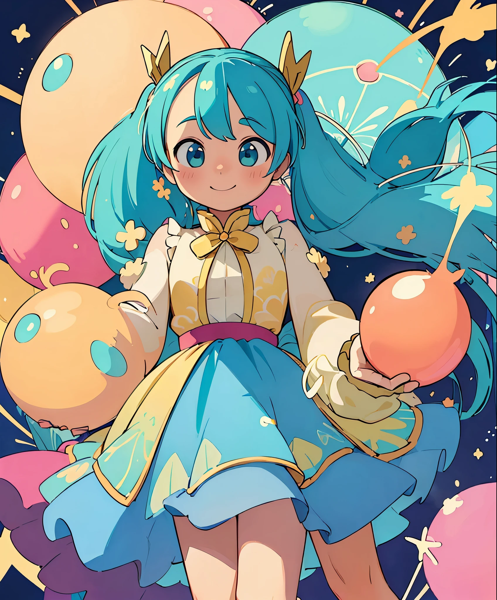 (masterpiece、highest quality、highest quality、official art、beautiful beautiful:1.2)、(1 girl:1.3)Hatsune Miku、beautiful breasts、twin tails、adorable smile、very detailed、(fractal art:1.1)、(colorfulな:1.1), sparkling eyes, golden ratio face, liquid from another world, watercolor, pastel colour, bright colors, Whimsical, colorful, sharp focus, High resolution, small details, ((Layered Tiered Puffy Long Sleeve Ball Gown)), ((round eyes)), rainbow colored bubbles, fantasy background、See-Through Phoenix Leotard