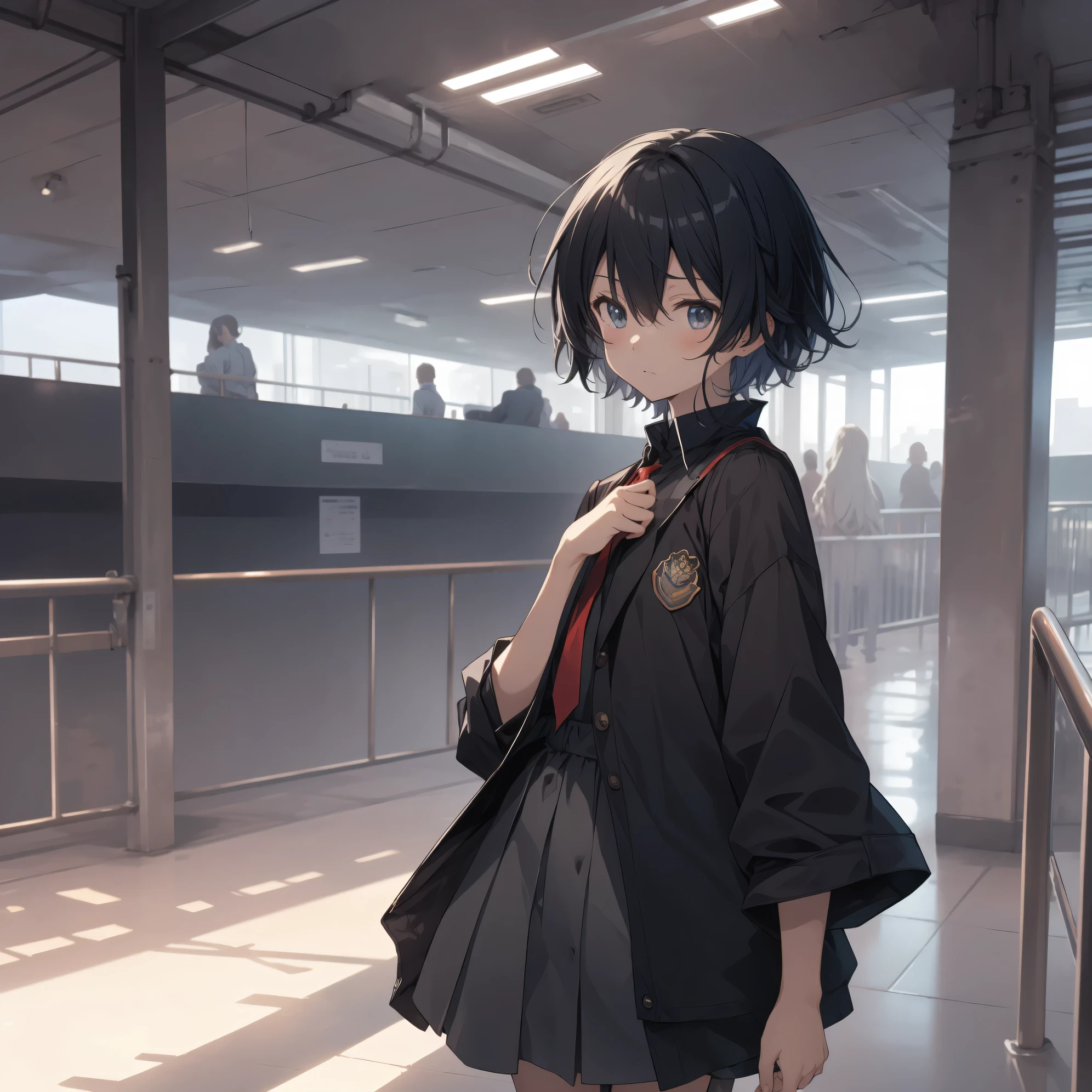 Super best quality by Makoto Shinkai, super detailed, High resolution, AI generated, anime moe art style, best anime 8K konachan wallpaper, pixiv contest winner, perfect anatomy, break,(眠そうにalone学校へ行く女の子を描いてください. ),break, 1 girl, (alone,little woman, ta, , 13 y),All limbs, full finger,, androgynous charm, (very short hair), flat chest, Because I'm slender, small ass, between legs, Small black eyes, beautiful and fine eyes, Well-proportioned iris and pupils, expressive eyes,disgusted eyes, High resolutionの詳細な髪, wearing school uniform, (skirt),(detailed lighting), (detailed background), On the way to school. break,super dense skin, Best lighting by famous artists, 8K, figure,UHD, rough skin