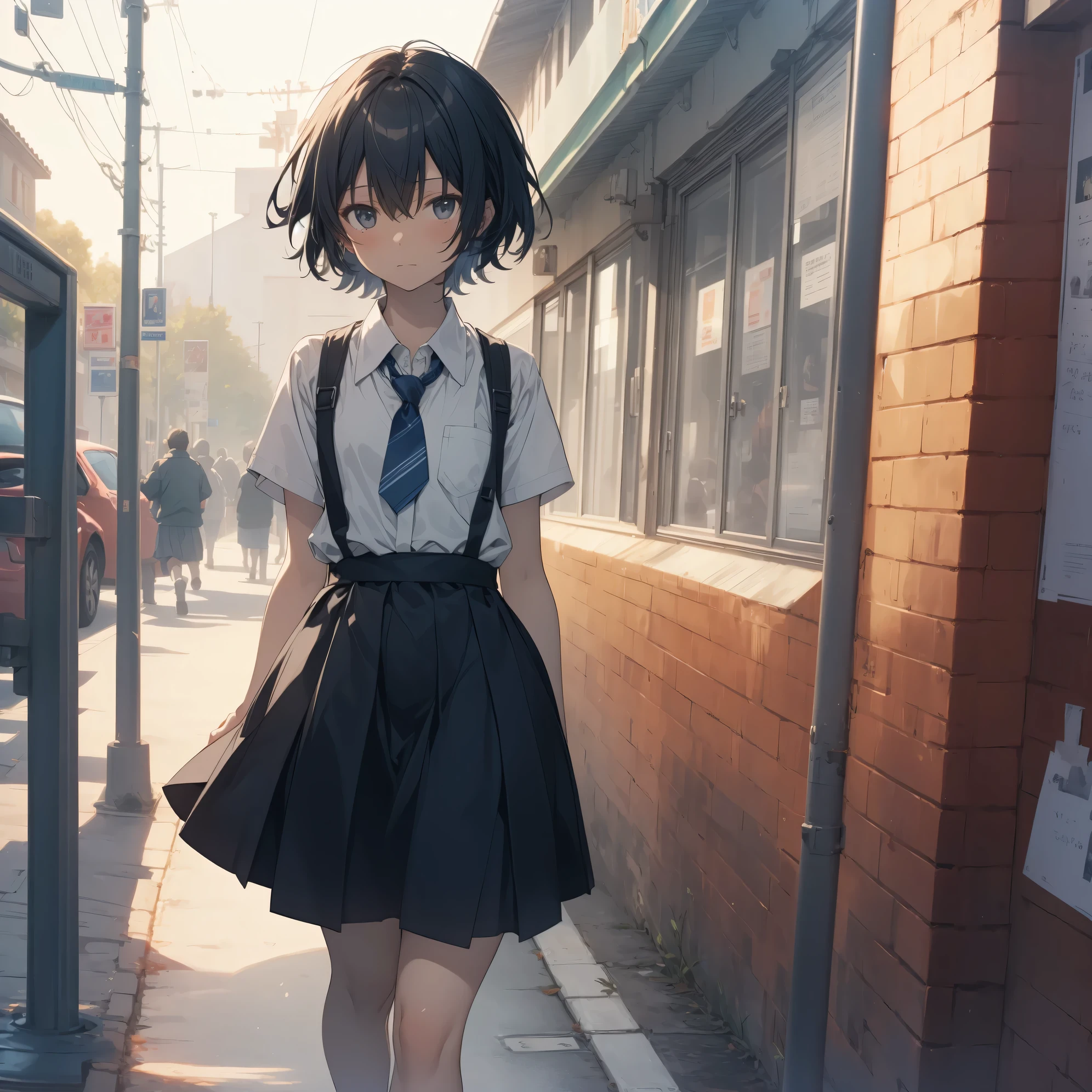 Super best quality by Makoto Shinkai, super detailed, High resolution, AI generated, anime moe art style, best anime 8K konachan wallpaper, pixiv contest winner, perfect anatomy, break,(眠そうにalone学校へ行く女の子を描いてください. ),break, 1 girl, (alone,little woman, lolita, , 13 years old:1.3),All limbs, full finger,, androgynous charm, (very short hair), flat chest, Because I'm slender, small ass, between legs, Small black eyes, beautiful and fine eyes, Well-proportioned iris and pupils, expressive eyes,disgusted eyes, High resolutionの詳細な髪, wearing school uniform, (skirt),(detailed lighting), (detailed background), On the way to school. break,super dense skin, Best lighting by famous artists, 8K, figure,UHD, rough skin