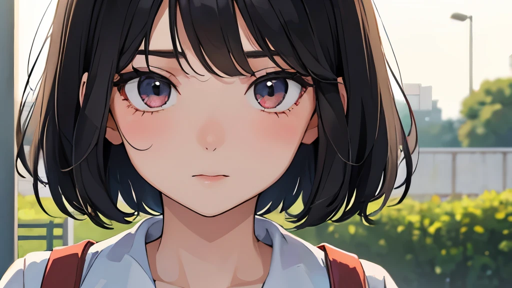 Hair is black、energetic high school student、18old girl、hair cut short、cute、In summer clothes、Looks embarrassed、at school、Sarah Clothes、school gate、evening、close up of face