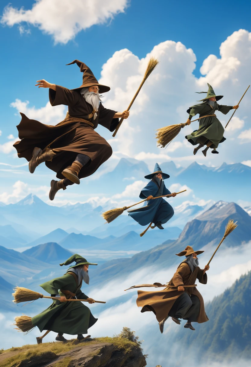 on a bright afternoon,Several wizards compete on broomsticks under the blue sky。They shuttle among the clouds,intense competition,chasing each other。The background is a vast sky and distant mountains,Gives people a feeling of flying。Close up focus on wizard riding broom in high definition image。