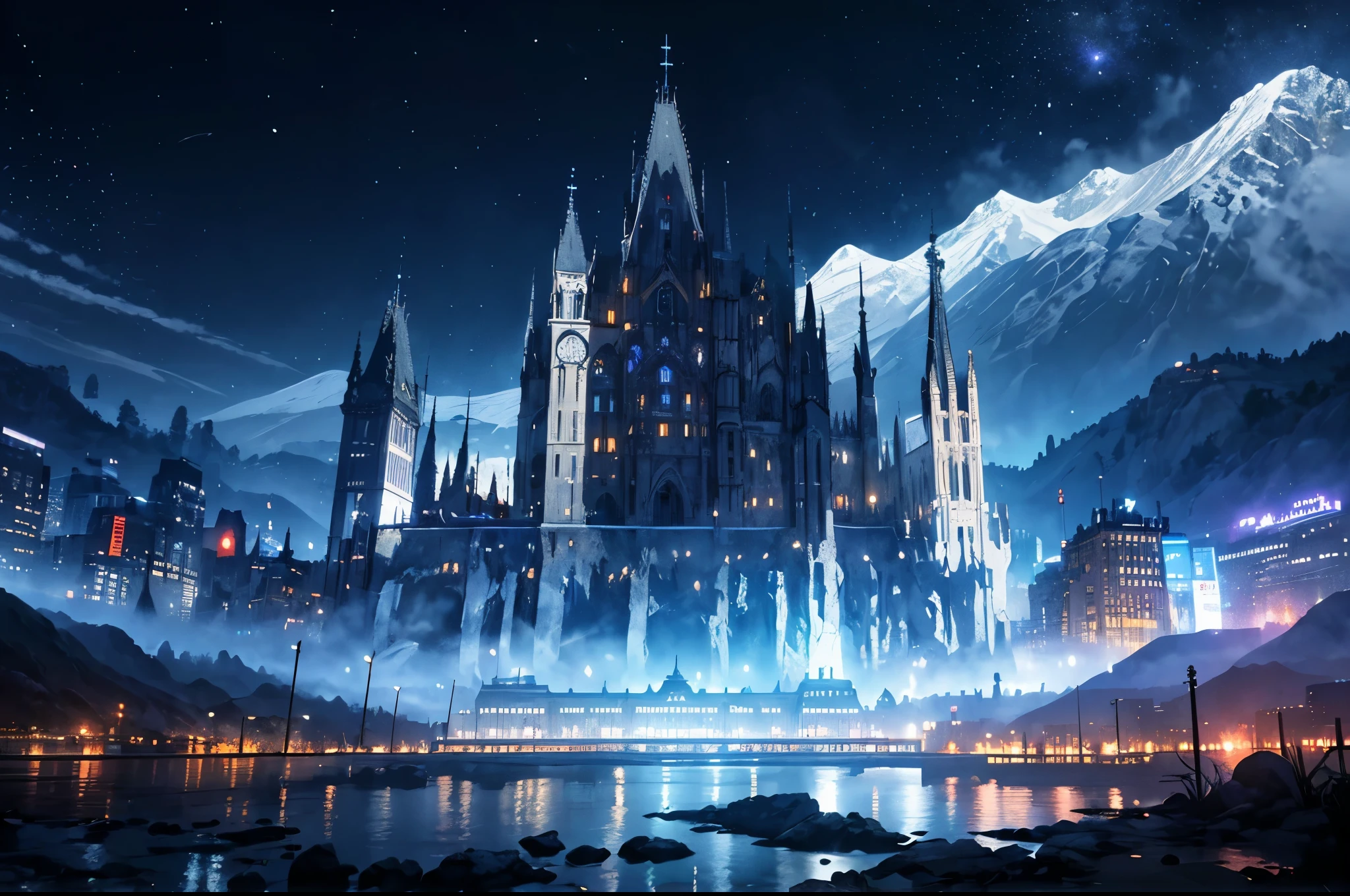 (Black and white marble gothic style building),masterpiece, concept art, panoramic,Close-up of the vista,高山上的超大City,Western fantasy style,Normandy Civilization Style,(The combination of magic and technology,Black and white marble style building), fantasy theme,Western European steel style city on a high mountain,The top of the gray mountain,City,Sky,The place where three rivers meet,Sky中的飞龙,Volumetric lighting, global illumination, HD