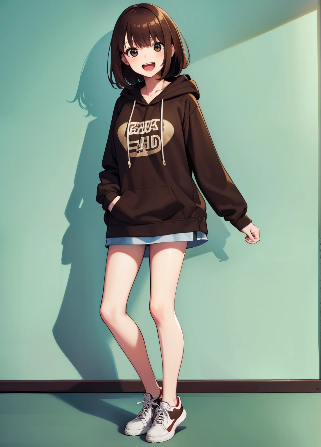 Solo woman, Japanese anime, highest quality, 8k, super detailed, high school girl, plain clothes, painting, portrait, smile, big laugh, casual, medium hair, brown hair, white sneakers, hoodie, hood, brown hoodie, denim skirt , smiling, laughing, open mouth, looking at me, looking at camera, full body, standing, front, front, green background, bright lighting, highly detailed face, perfect hands, perfect anatomy