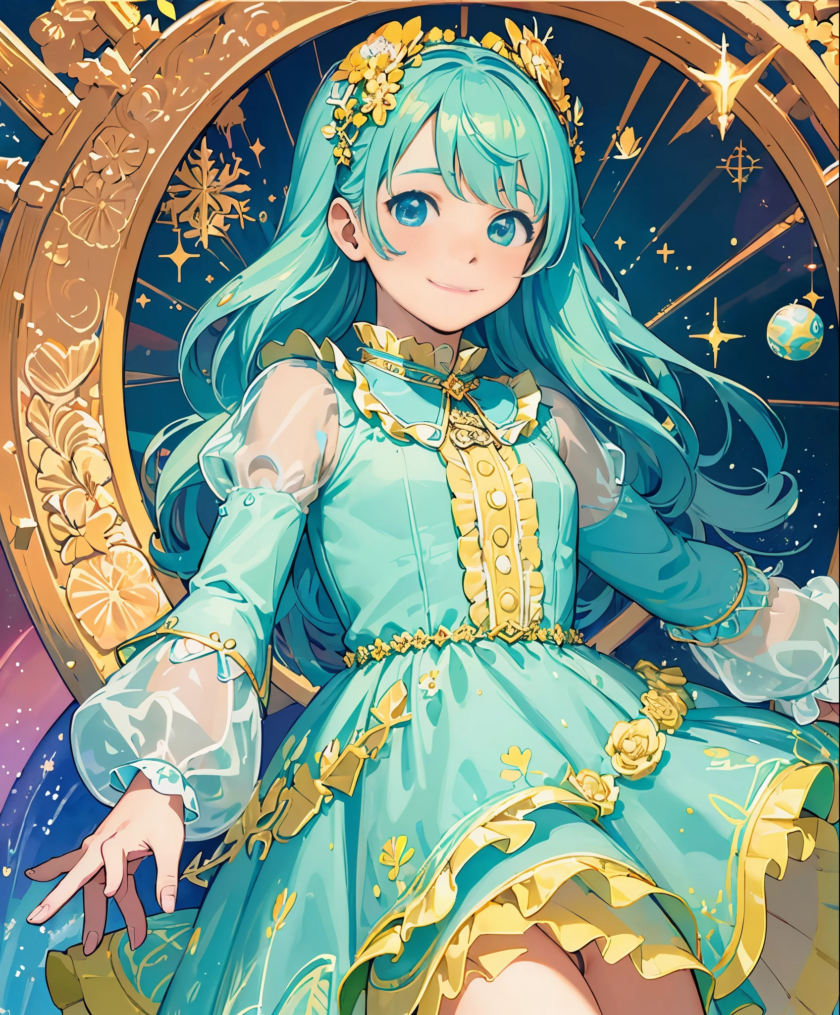 (masterpiece、highest quality、highest quality、official art、beautiful beautiful:1.2)、(1 girl:1.3)Hatsune Miku、beautiful breasts、twin tails、adorable smile、very detailed、(fractal art:1.1)、(colorfulな:1.1), sparkling eyes, golden ratio face, liquid from another world, watercolor, pastel colour, bright colors, Whimsical, colorful, sharp focus, High resolution, small details, ((Layered Tiered Puffy Long Sleeve Ball Gown)), ((round eyes)), rainbow colored bubbles, fantasy background、See-Through Phoenix Leotard