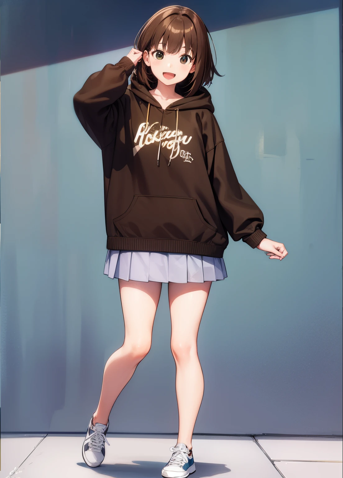 Solo woman, Japanese anime, highest quality, 8k, super detailed, high school girl, plain clothes, painting, portrait, smile, big laugh, casual, medium hair, brown hair, white sneakers, hoodie, hood, brown hoodie, denim skirt , smiling, laughing, open mouth, looking at me, looking at camera, full body, standing, front, front, green background, bright lighting, highly detailed face, perfect hands, perfect anatomy