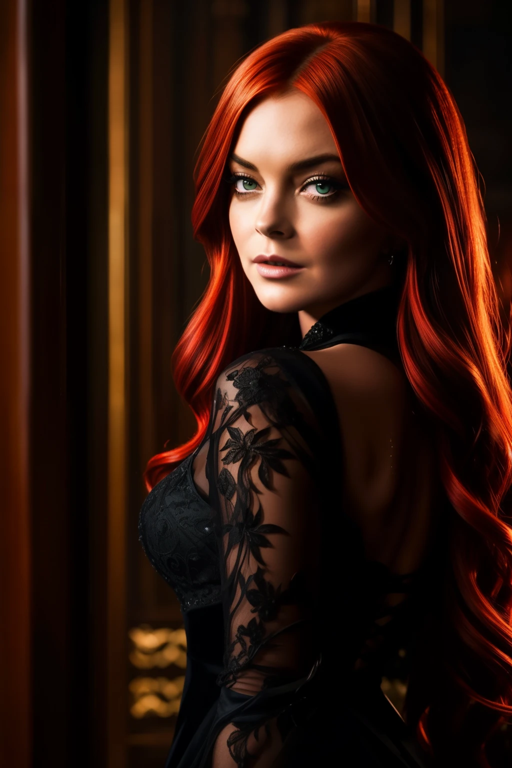 In the enchanting John Wick universe, the alluring Lindsay Lohan transforms into a bewitching figure, radiating an irresistible aura of mystery and seduction. With her fiery red hair cascading down her shoulders, her mesmerizing green eyes gleaming with an otherworldly allure, she embodies the enchantress that every witch tale longs to tell. Her figure, sculpted with a perfect hourglass silhouette, is showcased in the best quality, an 8k masterpiece with sharp focus, captured through a 35mm lens using an f/0.8 aperture. The enchanting scene is further illuminated by