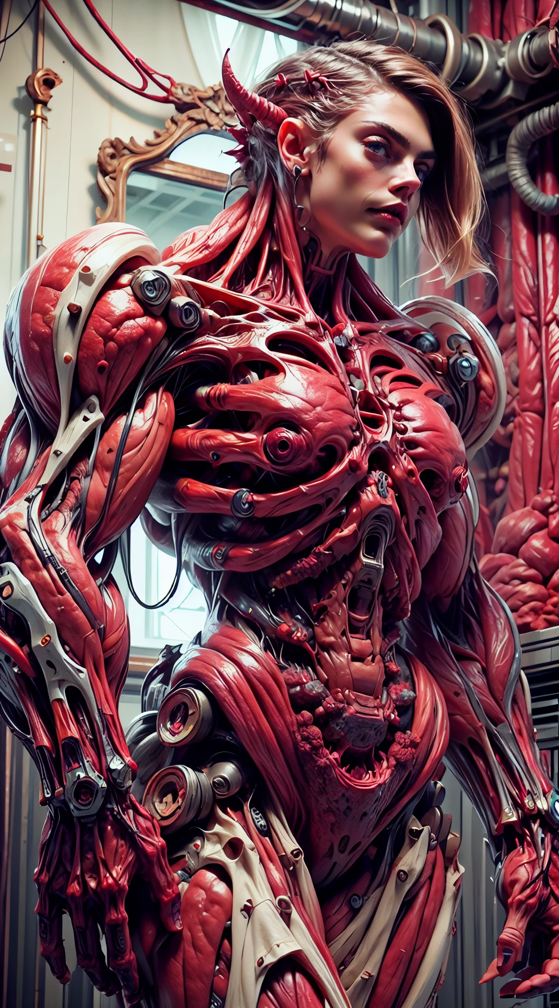 (1 girl), (cara delevingne:1.25), (beautiful girl face:1.25), (carnage skinless physique:1.25), (red glowing eyes:1.25), (1 super muscular undead skinless succubus with gigantic horns:1.25), (covered in red necrotic rotting skinless muscle:1.25), (exposed muscular and skeletal anatomy:1.25), (perfect fingers:1.25),(8k, RAW photo, photorealistic:1.25), dark horrific scary atmosphere, hellish landscape, Hellraiser like atmosphere,