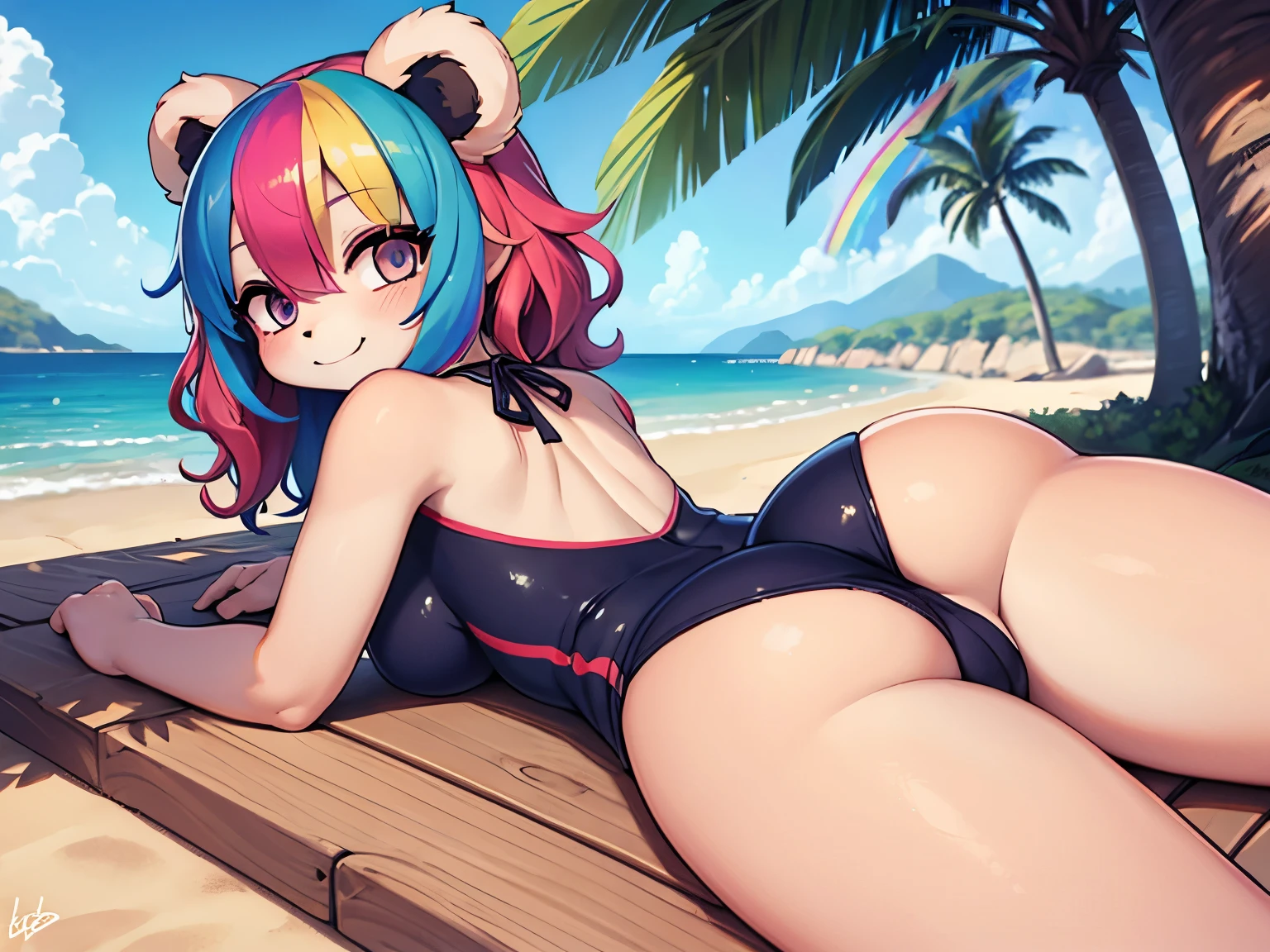 (masterpiece), best quality, expressive eyes, perfect face, 8k, panda girl, smile, ((rainbow hair)), (curly hair), (human face), [small breast:1.1], waist:1.3, back shot, shiny wet body, laying down,
BREAK, 
Asymmetric one-shoulder monokini with a high-cut leg, offering a fashion-forward unique swimsuit design,
BREAK,
Quiet cove surrounded by limestone cliffs, offering a secluded and intimate spot for sunbathing and relaxation,