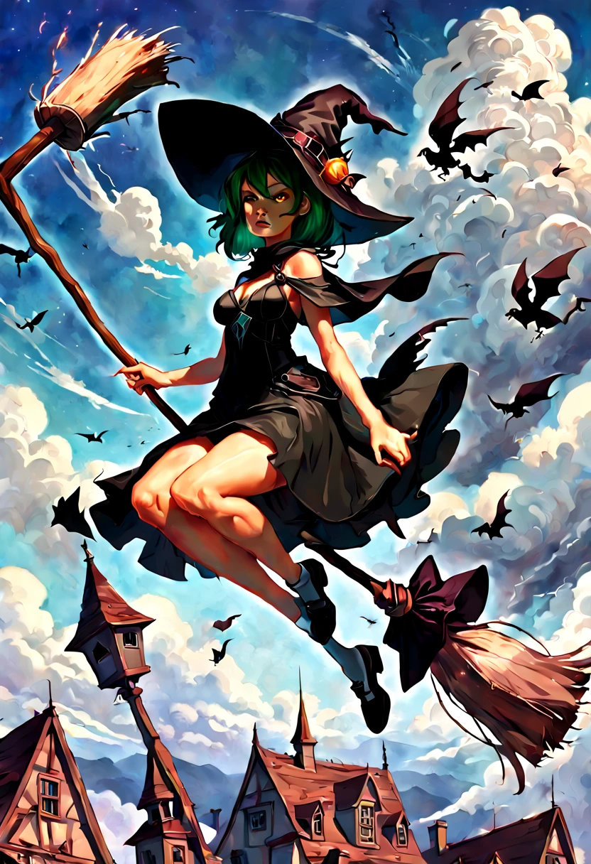 (sit on a broom:1.5) witches flying in the sky with their brooms and hats, wraiths riding in the sky, sky witch, flying on the broom, rob rey, by Alexander Kucharsky, fantasy illustrations, realistic fantasy illustration, wlop and rhads, flying in sky, high fantasy illustration, jen bartel, fantasy art behance, fantasy book illustration