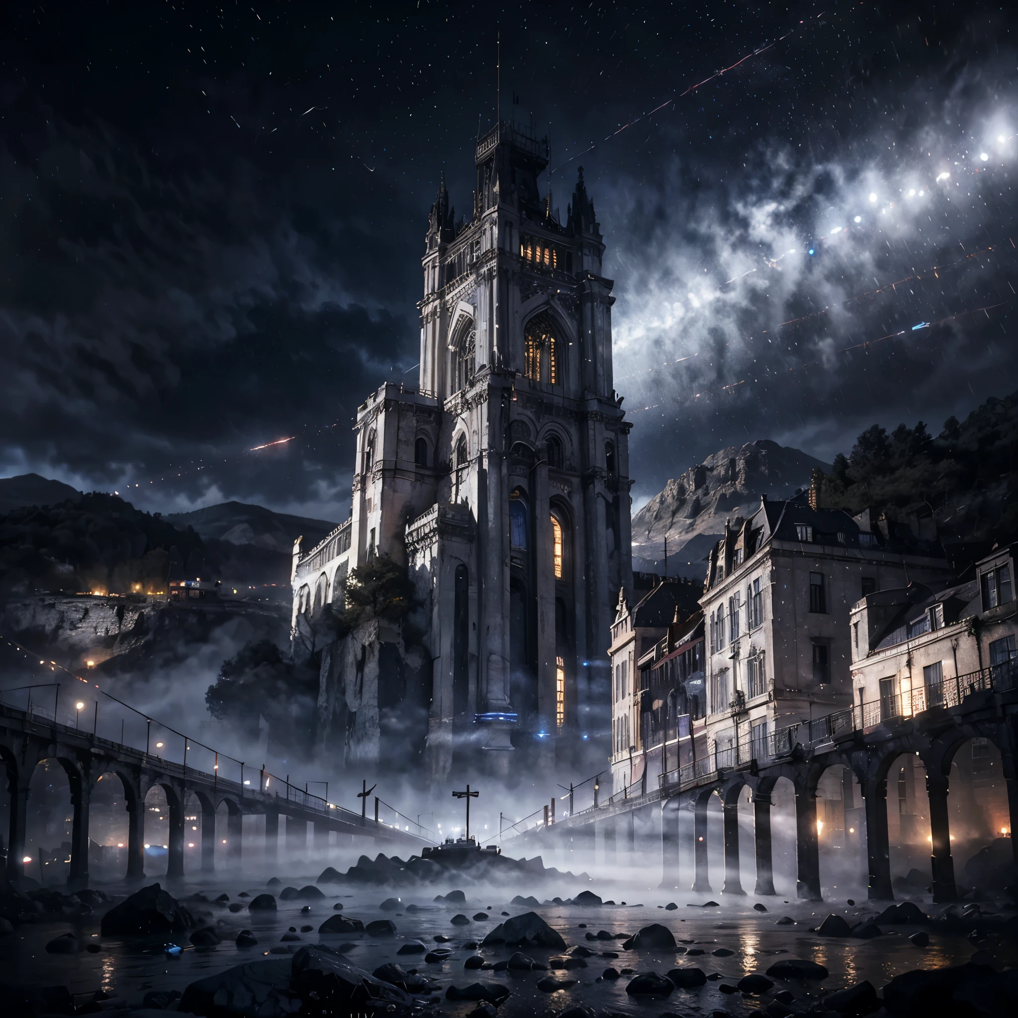 (Black and white marble gothic style building),masterpiece, concept art, panoramic,Close-up of the vista,高山上的超大City,Western fantasy style,Normandy Civilization Style,(The combination of magic and technology,Black and white marble style building), fantasy theme,Western European steel style city on a high mountain,The top of the gray mountain,City,Sky,The place where three rivers meet,Sky中的飞龙,Volumetric lighting, global illumination, HD
