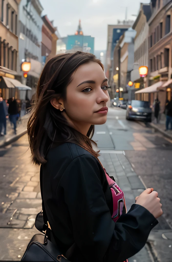 8k, highest quality, ultra details, Emma, European-American beauty, woman, urban cityscape, vibrant and dynamic, reflecting the energy of modern life.
