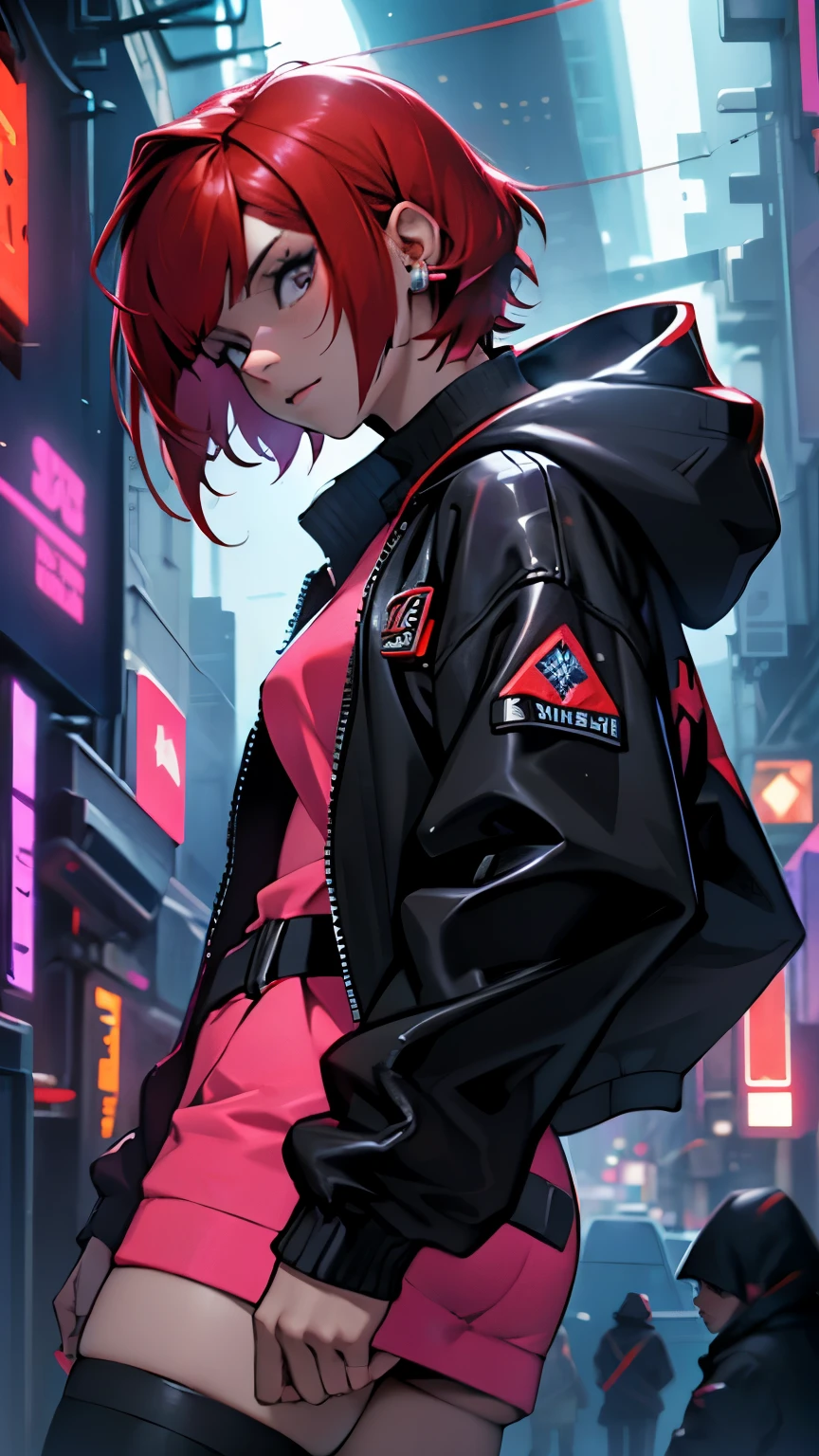 cyber punk,musicians,red hair bob cut woman,wide angle lens,expressive,look up,Laser hologram,Jacket with hood,whole body,black spats