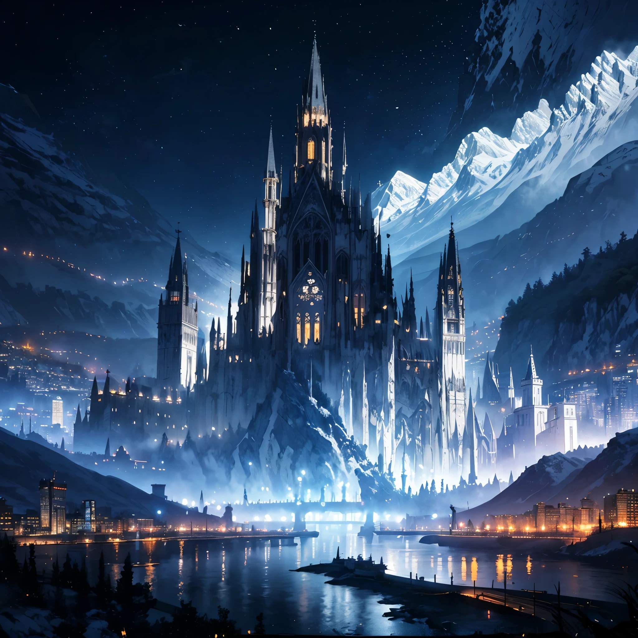(Black and white marble gothic style building),masterpiece, concept art, panoramic,Close-up of the vista,高山上的超大City,Western fantasy style,Normandy Civilization Style,(The combination of magic and technology,Black and white marble style building), fantasy theme,Western European steel style city on a high mountain,The top of the gray mountain,City,Sky,The place where three rivers meet,Sky中的飞龙,Volumetric lighting, global illumination, HD