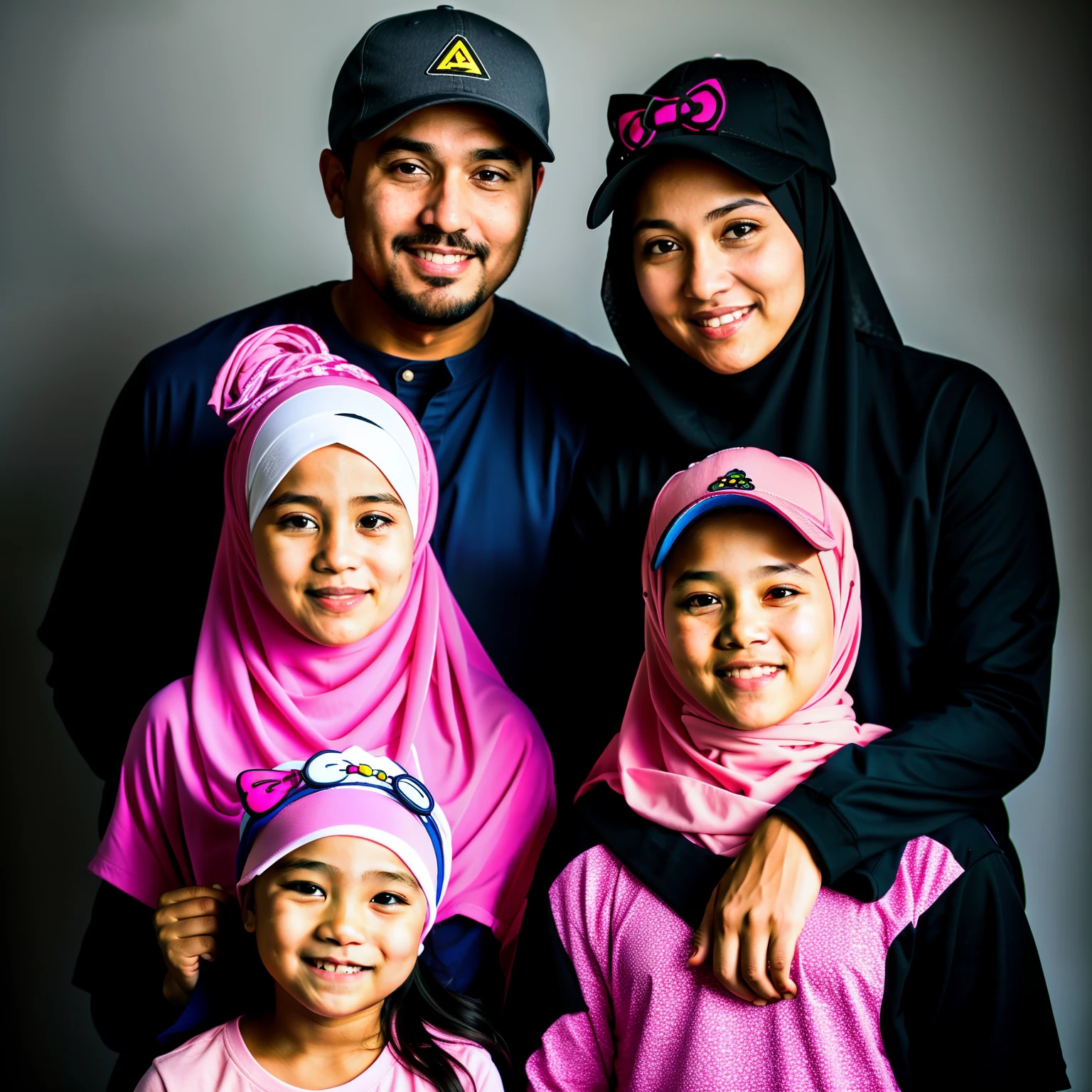 real photo of a family consisting of a 35 year old father and mother. father wears a cap, face bright and clean, mother wears a hijab. with 2 daughters aged 7 years and 4 years who also wear the hijab. Original photo with pink Hello Kitty background. super sharp, 8k, ar-3:2