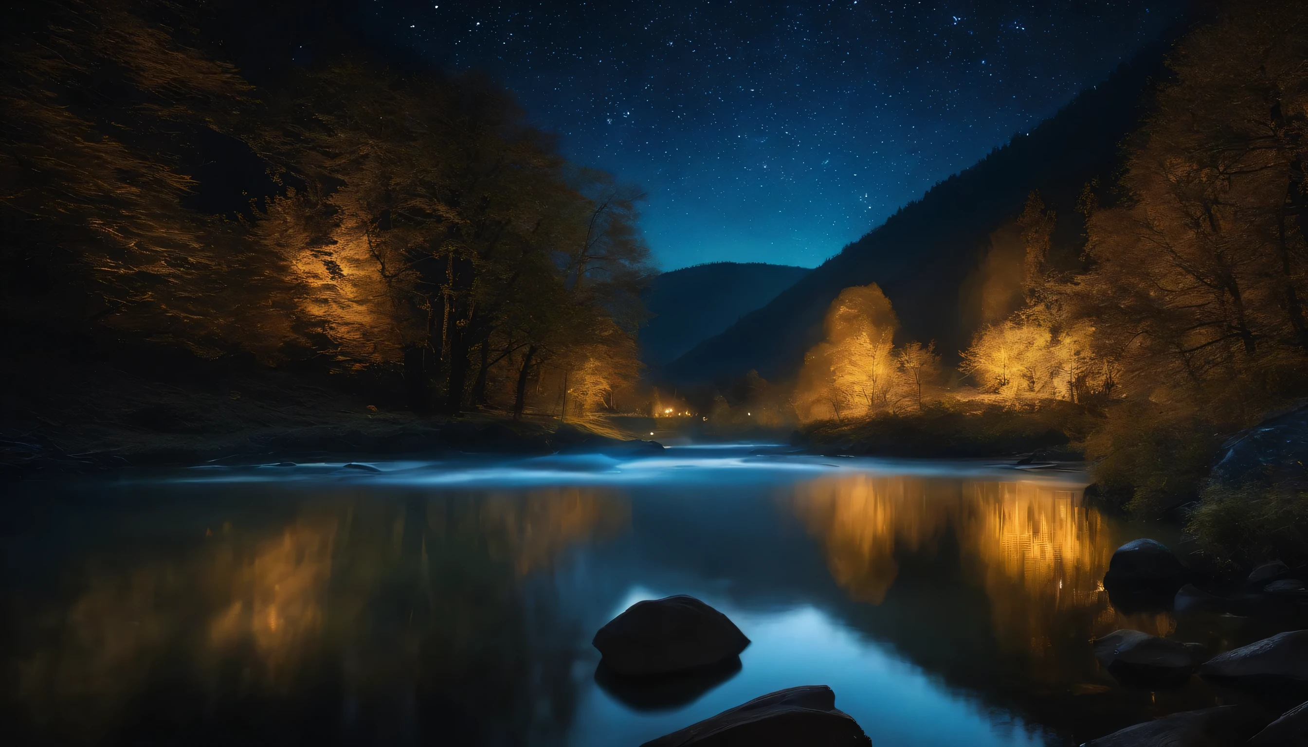 Night Forest of Shining Starry Stars、Comfortable pastures where you can rest for a while and replenish positive energy, Next to the river flowing in the sparkling crystal clear water.