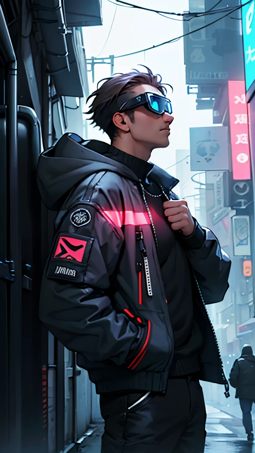 cyber punk,musicians,A short-haired man with his hair on end,wide angle lens,expressive,look up,Laser hologram,Jacket with hood,goggles