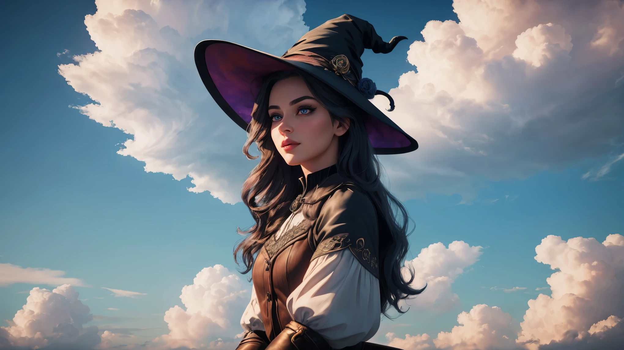 Witch side-sitting on a magical broom flying, majestic ascent, beautiful detailed eyes, beautiful detailed lips, extremely detailed eyes and face, long eyelashes, (best quality,4k,8k,highres,masterpiece:1.2), ultra-detailed, (realistic,photorealistic,photo-realistic:1.37), enchanting skyward journey, magical broomstick ride, whimsical side posture, mystical aerial display, wonderful cloud-filled sky, thrilling ride amongst clouds.