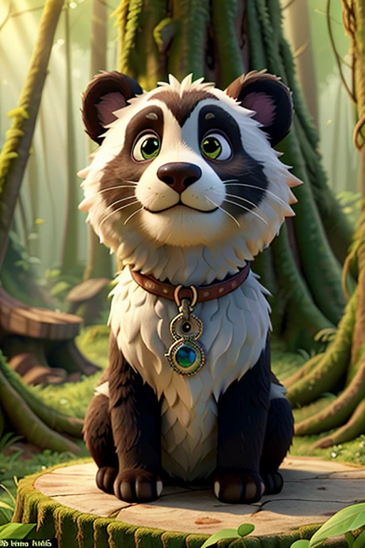 In the lush, verdant forest, a mature panda with intricately detailed fur, bearing the distinctive black patches around his eyes, stands next to a gnarled stump. His expressive face is etched with wrinkles, and his round, tender eyes are filled with warmth and affection as he gazes at the younger panda. Her fur is even more meticulously rendered, with individual strands shimmering under the sunlight filtering through the dense canopy. She looks up at him, her tiny paws clutching at the coarse bark of the stump, her eyes shining with reverence and adoration. The scene is brought to life with hyperdetailed stylization, every fiber,