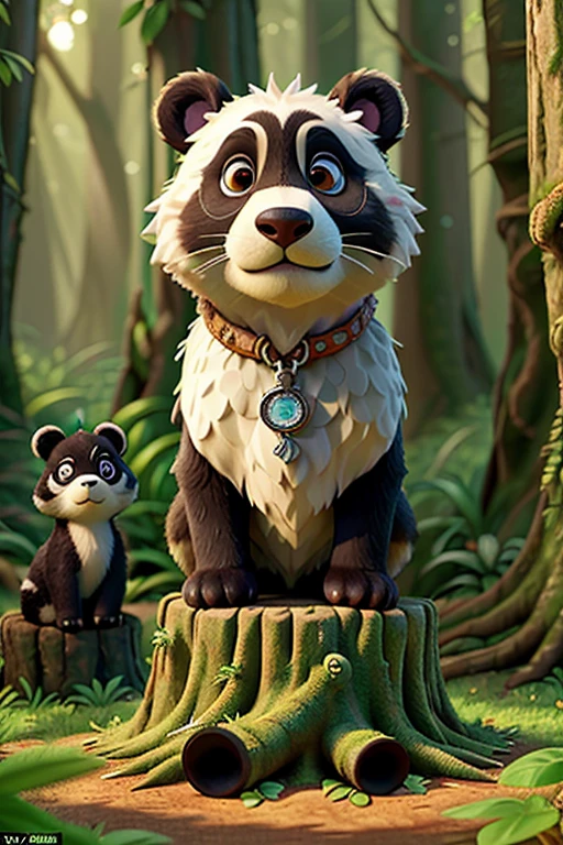 In the lush, verdant forest, a mature panda with intricately detailed fur, bearing the distinctive black patches around his eyes, stands next to a gnarled stump. His expressive face is etched with wrinkles, and his round, tender eyes are filled with warmth and affection as he gazes at the younger panda. Her fur is even more meticulously rendered, with individual strands shimmering under the sunlight filtering through the dense canopy. She looks up at him, her tiny paws clutching at the coarse bark of the stump, her eyes shining with reverence and adoration. The scene is brought to life with hyperdetailed stylization, every fiber,