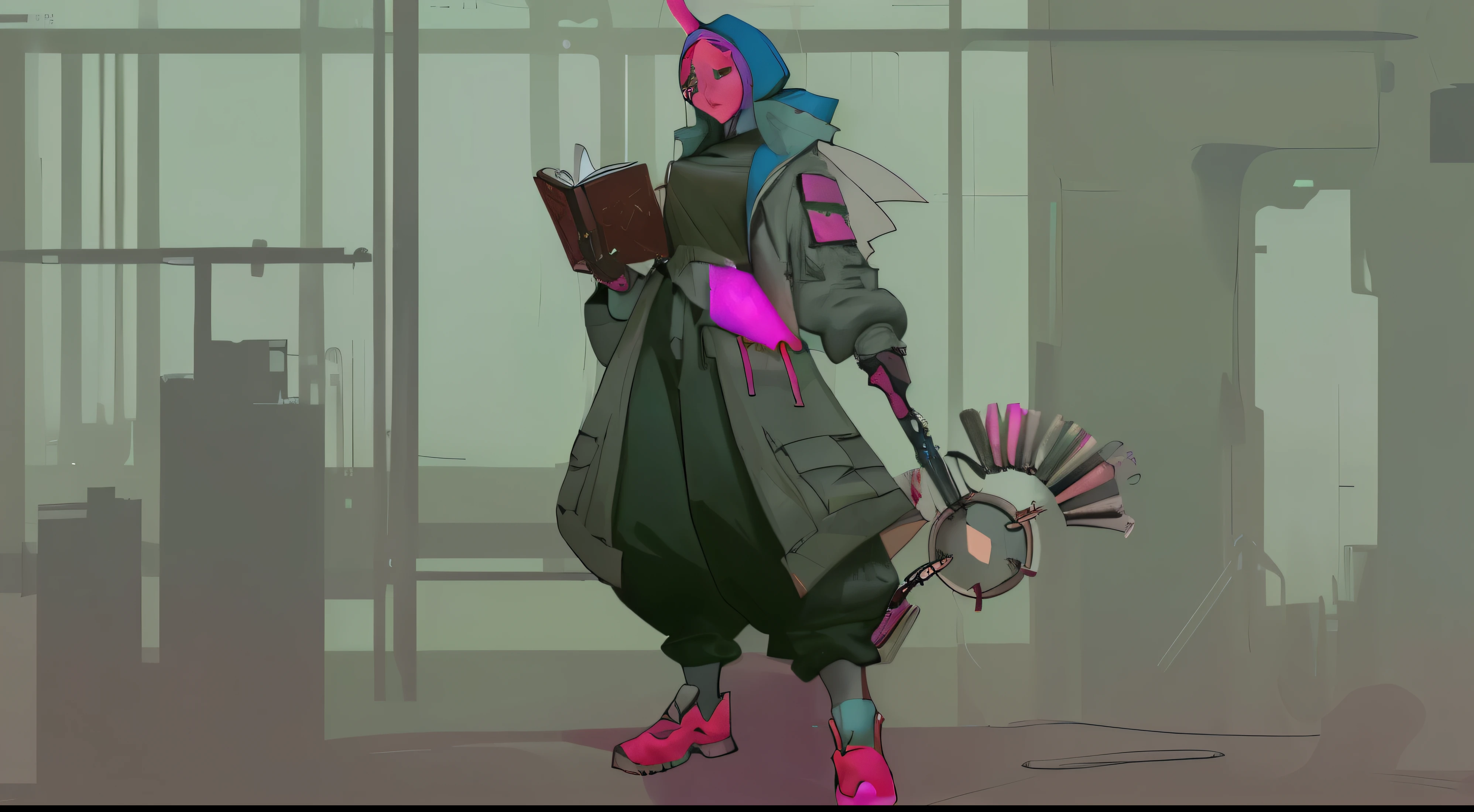 Full body lady use baggy cyberpunk clothes and pants, were headscarf, holding a big wand and magic book