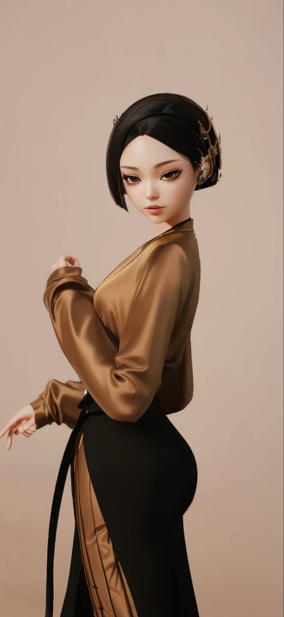 Arafe in a brown dress and black hat poses for a photographer, anime styled 3d, anime style. 8K, realistic anime 3D style, inspired by Shim Sa-jeong, everyday pose, very detailed and rich clothing, elegant cinematic pose, Asian Hyper-Detailed, the style of wlop, cute elegant pose, work in Guweiz style