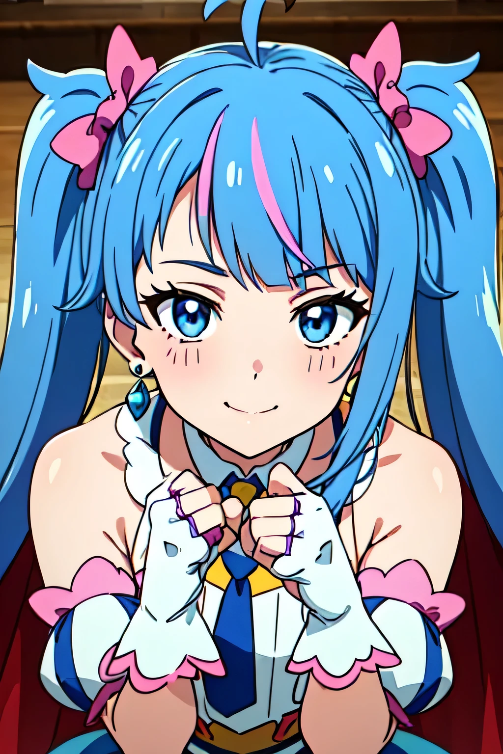 CURE SKY, DRESS, TWINTAILS, GRADIENT HAIR, AHOGE, BLUNT BANGS, HEAD WINGS, FINGERLESS GLOVES, WHITE SHIRT, PUFFY DETACHED SLEEVES, CAPE, THIGHHIGHS, BLUE LEGWEAR, GEM, SINGLE EARRING, 1girl, solo, upper body, facing viewer, (looking at viewer:1.5), in the center, smile,
