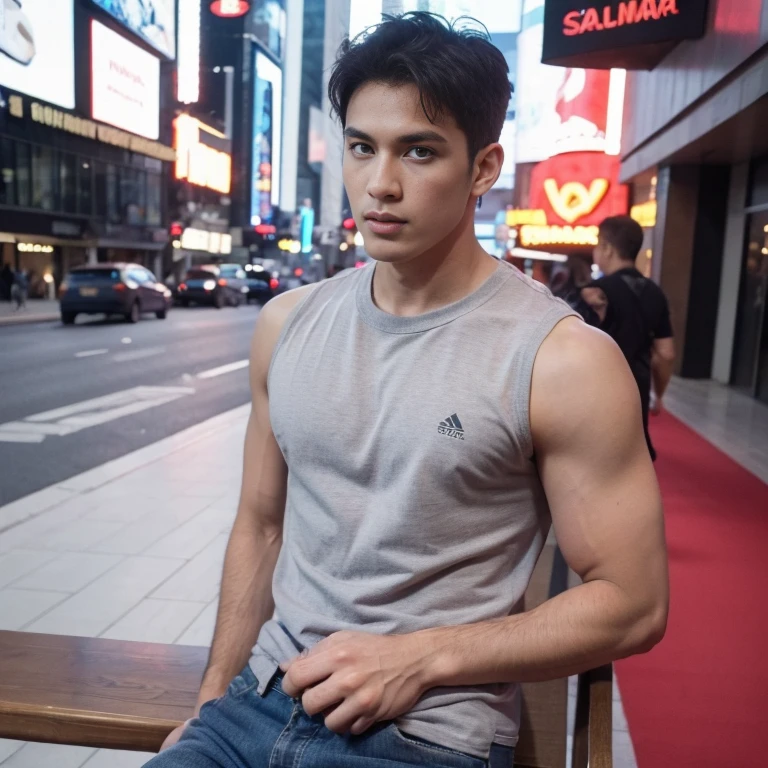 A mais alta qualidade, 8K, image high resolution, Detailed strokes, no meio de uma avenida movimentada estilo Times Square, inverno, apoiado em um dos postes, adolecente, lion men, wearing a tank top , masculo, chest a little tight in the shirt , (angulo de baixo), (angulo perto) , pernas definidas, defined arms, abdomen definido, com a camisa, full length shot , wearing string thong , passerby stand side by side , asian men
