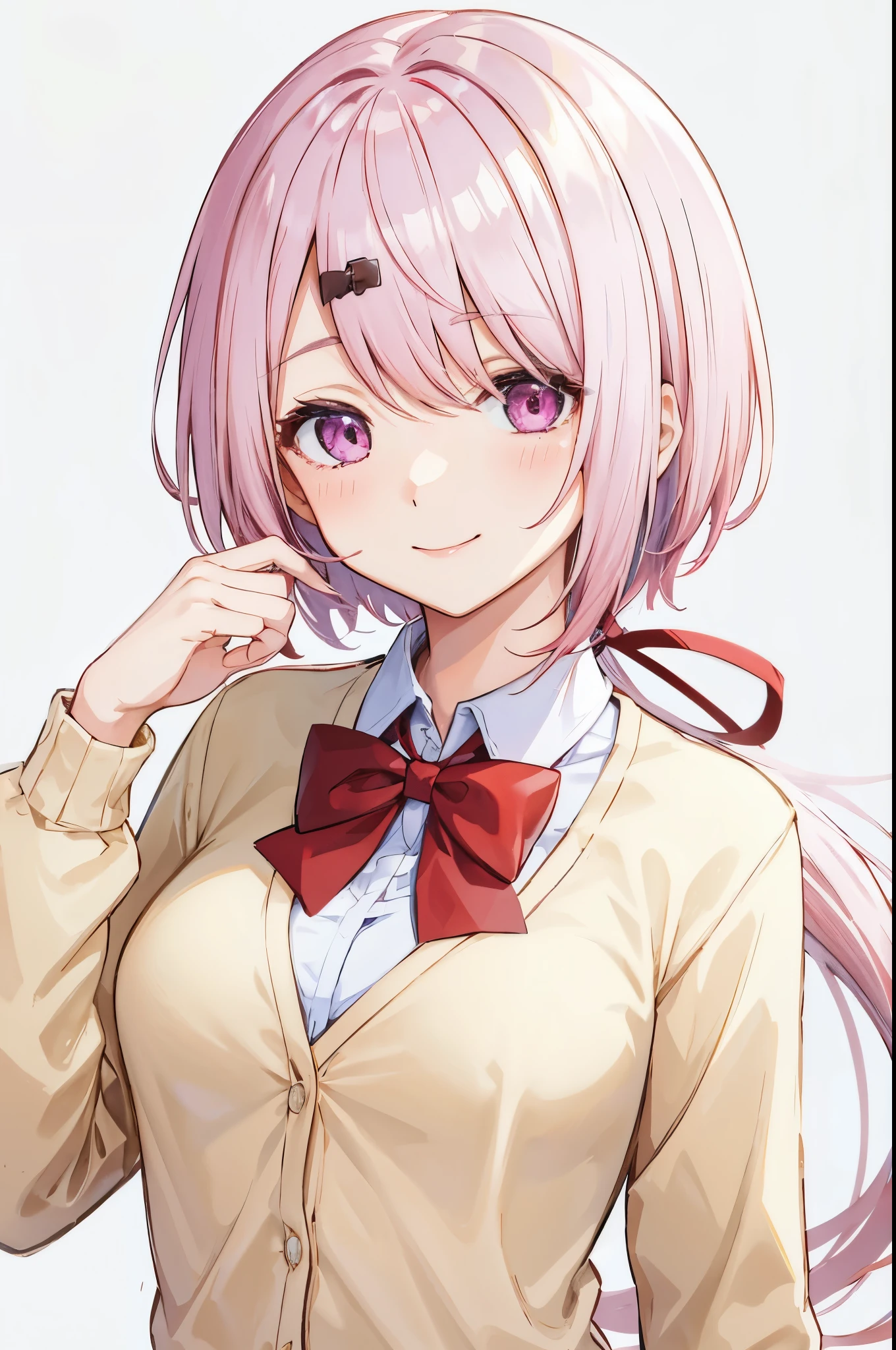 shiina yuika, medium breasts, white shirt, looking at viewer,low ponytail,red bowtie,upper body, smile,happy, smile, pink hair, brown cardigan, white background,purple eyes, 