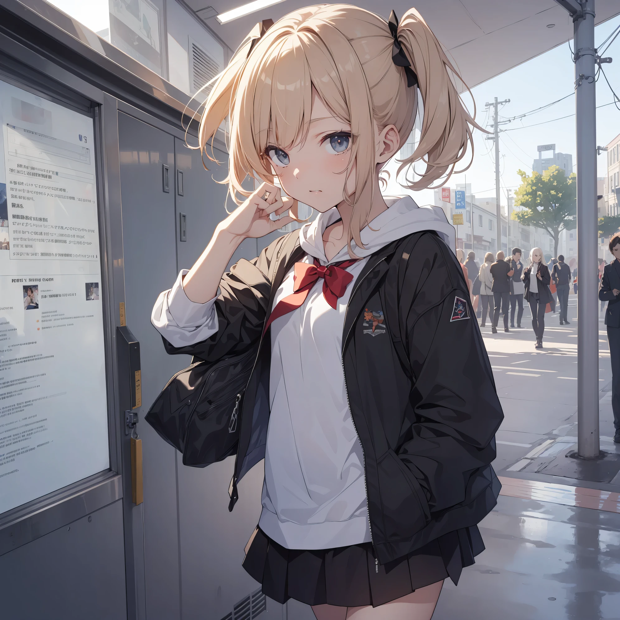 Super best quality by Okada Kou, super detailed, High resolution, AI generated, anime moe art style, best anime 8K konachan wallpaper, pixiv contest winner, perfect anatomy, break,(眠そうにalone学校へ行く女の子を描いてください. ),break, 1 girl, (alone,little woman, lolita, , 13 years old:1.3),All limbs, full finger,, androgynous charm, (very short hair), messy hair, flat chest, Because I'm slender, small ass, between legs, Small black eyes, beautiful and fine eyes, Well-proportioned iris and pupils, expressive eyes,disgusted eyes, High resolutionの詳細な髪, wearing school uniform, (skirt),(detailed lighting), (detailed background), On the way to school. break,super dense skin, Best lighting by famous artists, 8K, figure,UHD, rough skin