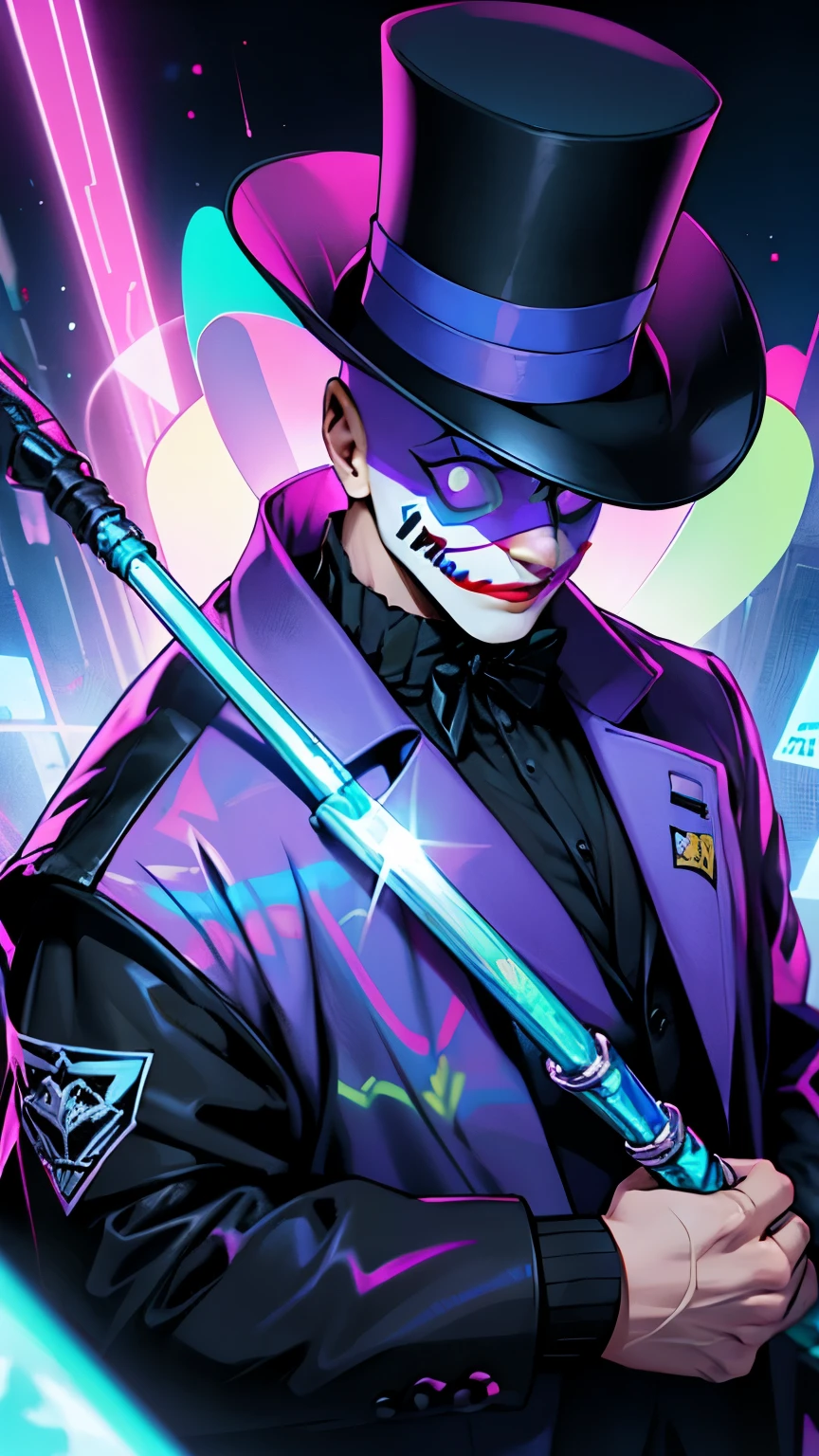 cyber punk,musicians,top hat long brim hat,wide angle lens,expressive,look up,Laser hologram,Clown mask,huge scythe,Skinhead Man