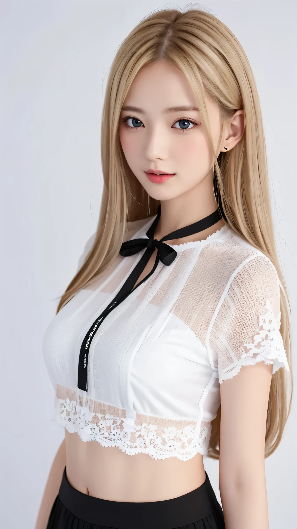 close-up of upper body、Navel exposed、Russian、white people、blonde、long hair、nordic、girl、美girl、see through blouse、black tight skirt、1girl in, 25, Solo, Looking at Viewer, Brown eyes, Realistic, A sexy、美girl、well-groomed face、masterpiece、beautiful woman, (highest quality:1.2), [:intricate details:0.2],white background、simple background、dynamic pose
