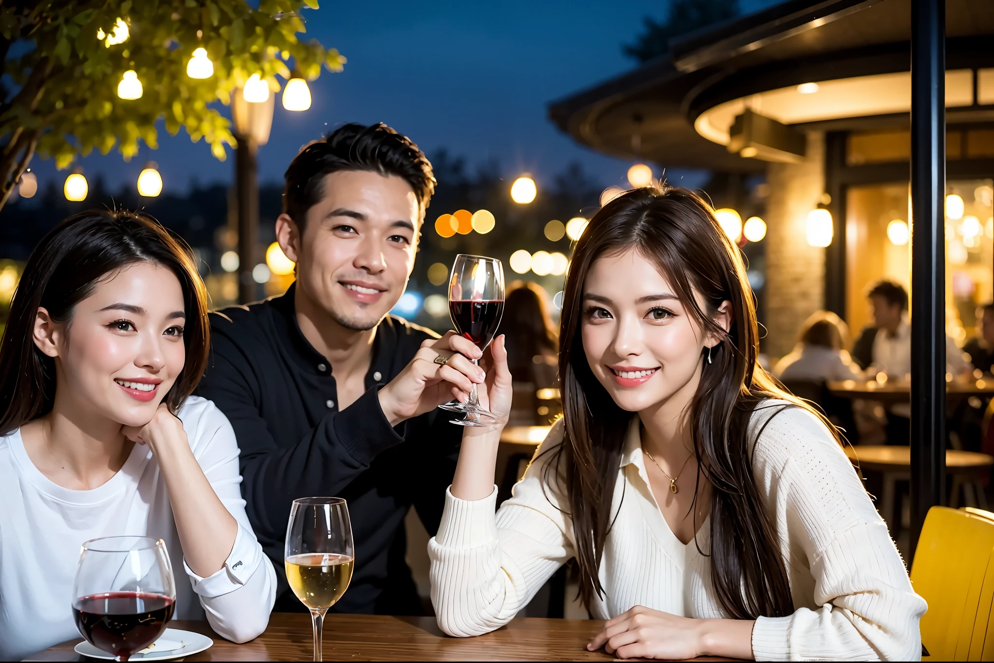 64k, UHD, highest quality, masterpiece: 1.2), (realistic, photorealistic: 1.37), Super detailed, celebration party、beauty、beautiful mature woman、3 women who love wine、Three Men、champagne、Sparkling wine、winter night、restaurantでワイン宴会、(slimな男女4名),(Wine party for 5 people)、(slimフェイス),Happy、 最高なsmile、Fox Face、Berry Short、(because I&#39;thin), (brown hair), (shortcut), long sleeve shirt、winter fashion、Japanese、Dutch、German、Portuguese、Belgian、Italian、french, (gushing), (slimボティ), (brown hair), (shortcut), 端正なbeauty、cheeks blush a little, (34 years old), 38 years old,32 years old、40 years old、29yo、 A beautiful and detailed night view spreads out outside the window....., restaurant, wine glassが座っている, At night, in a prominent place (from the Upper body) nova frog style, actress, model, Upper body, White wine, slim, wine glass, Very beautiful night view, wine glass Put in the Middle, Happy smile, (smile: 1.15), 