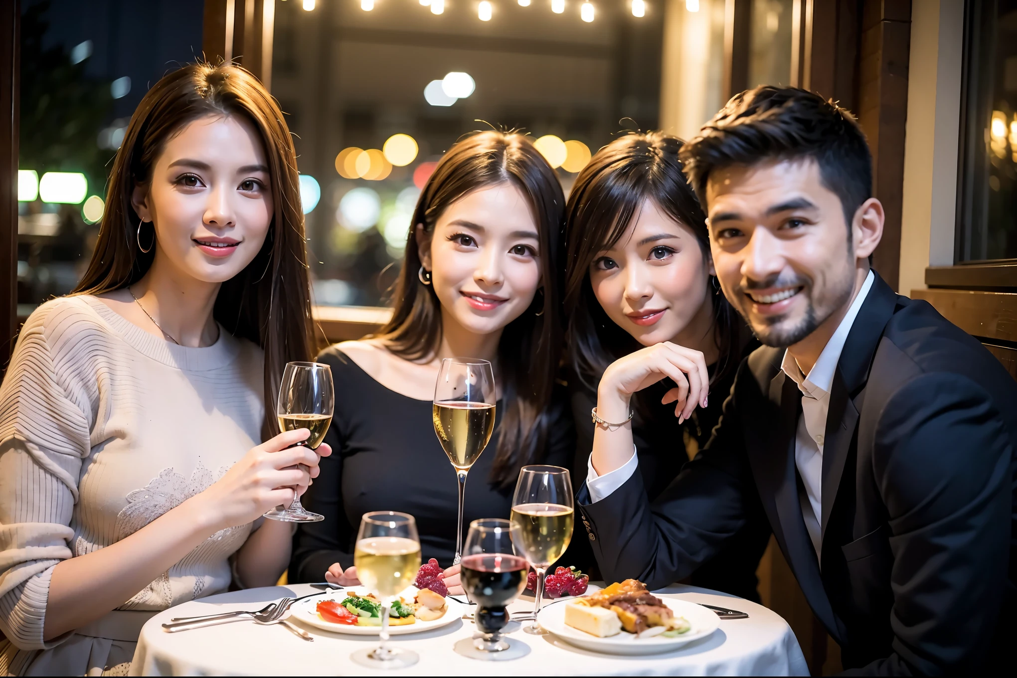 64k, UHD, highest quality, masterpiece: 1.2), (realistic, photorealistic: 1.37), Super detailed, celebration party、beauty、beautiful mature woman、3 women who love wine、Three Men、champagne、Sparkling wine、winter night、restaurantでワイン宴会、(slimな男女4名),(Wine party for 5 people)、(slimフェイス),Happy、 最高なsmile、Fox Face、Berry Short、(because I'thin), (brown hair), (shortcut), long sleeve shirt、winter fashion、Japanese、Dutch、German、Portuguese、Belgian、Italian、french, (gushing), (slimボティ), (brown hair), (shortcut), 端正なbeauty、cheeks blush a little, (34 years old), 38 years old,32 years old、40 years old、29yo、 A beautiful and detailed night view spreads out outside the window....., restaurant, wine glassが座っている, At night, in a prominent place (from the Upper body) nova frog style, actress, model, Upper body, White wine, slim, wine glass, Very beautiful night view, wine glass Put in the Middle, Happy smile, (smile: 1.15),