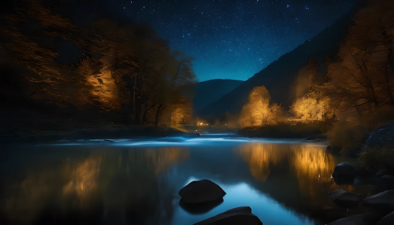 Night Forest of Shining Starry Stars、Comfortable pastures where you can rest for a while and replenish positive energy, Next to the river flowing in the sparkling crystal clear water.