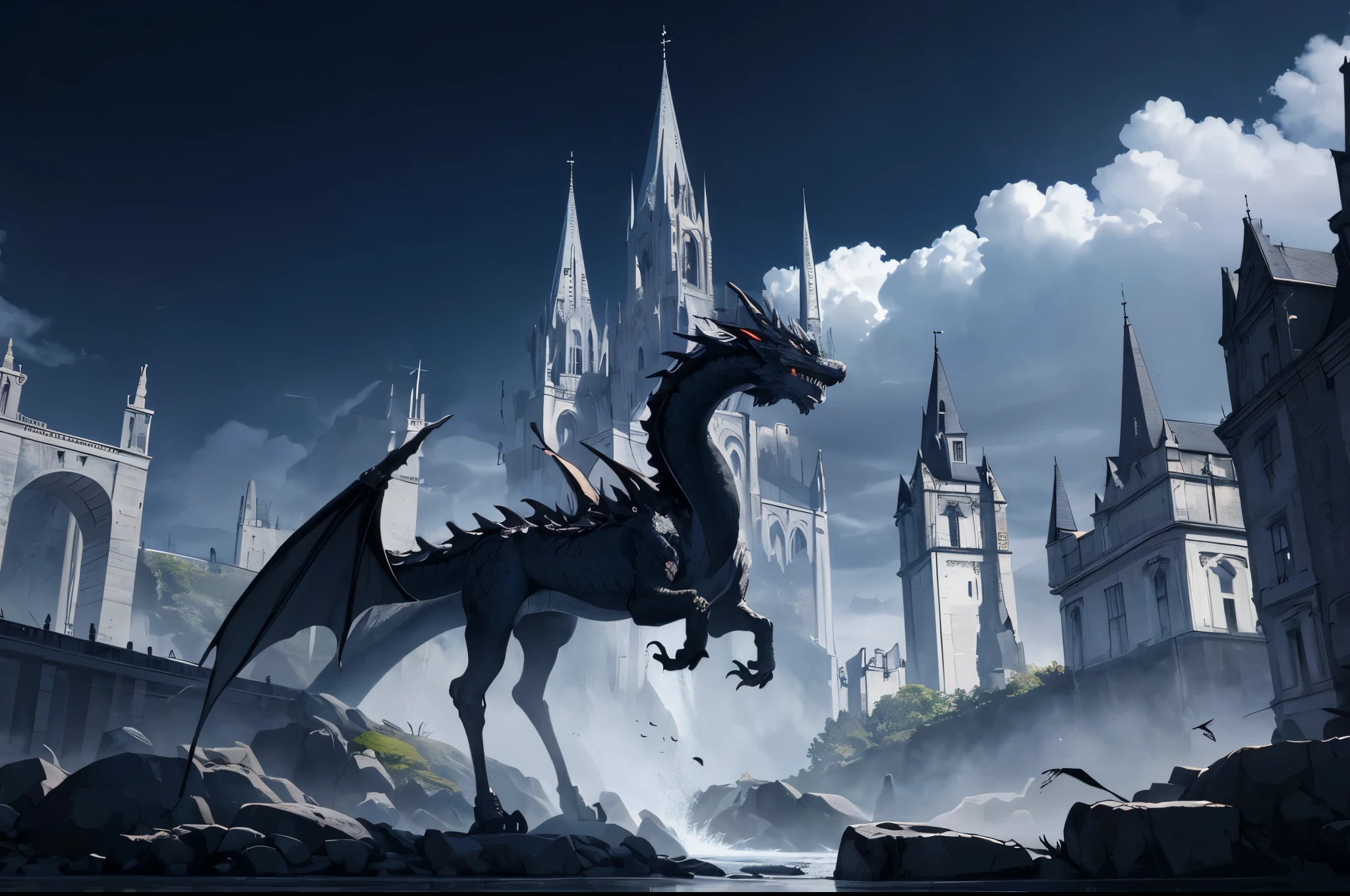 (Black and white marble gothic style building),panoramic镜头,masterpiece, concept art, panoramic,Close-up of the vista,Royal palace castle on the mountain,Western fantasy style,Normandy Civilization Style,(The combination of magic and technology,Black and white marble style building), fantasy theme,flying dragon,The top of the gray mountain,City,Sky,The place where three rivers meet,Sky中的flying dragon,Volumetric lighting, global illumination, HD