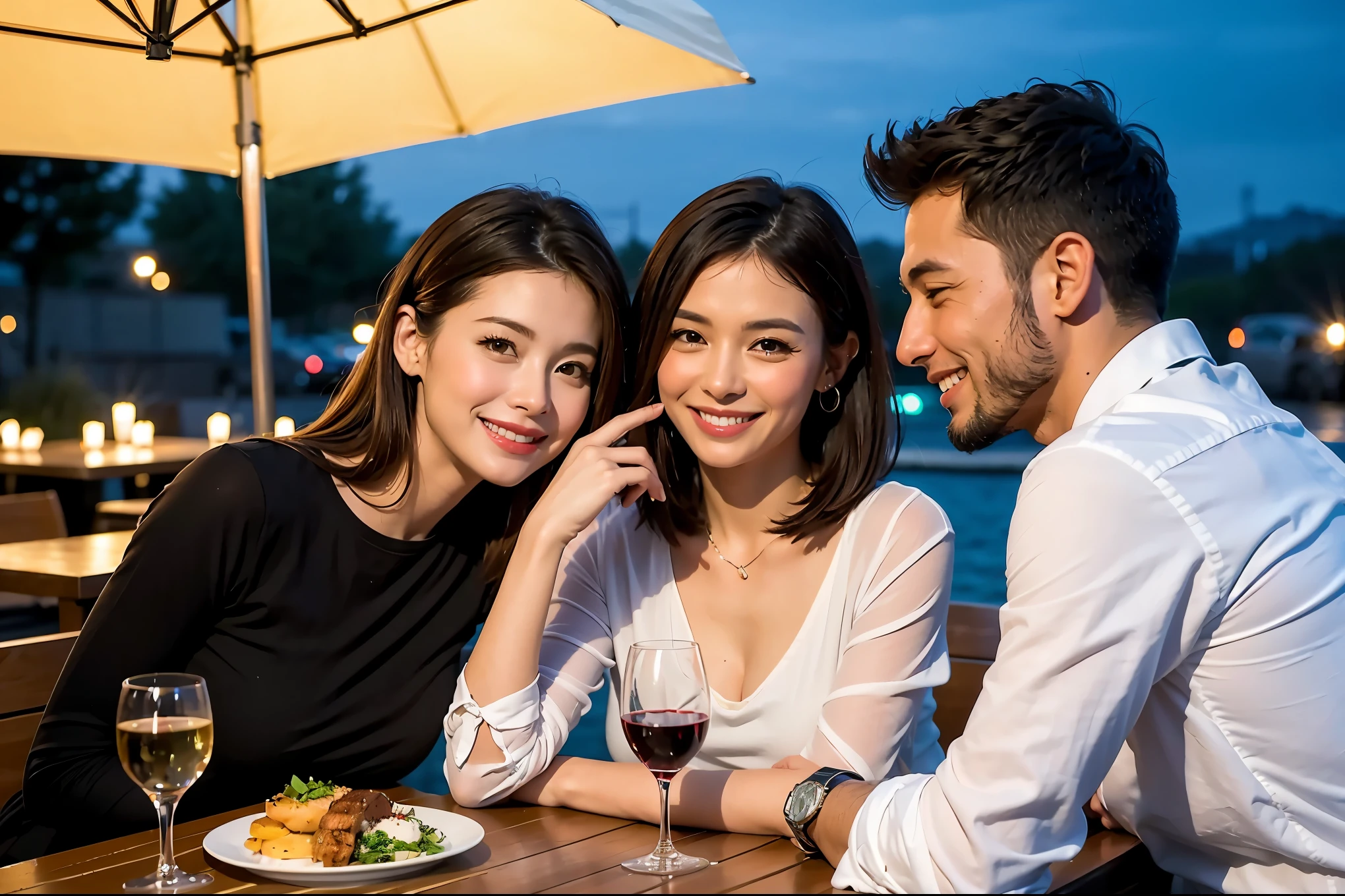 64k, UHD, highest quality, masterpiece: 1.2), (realistic, photorealistic: 1.37), Super detailed, celebration party、beauty、beautiful mature woman、3 women who love wine、Three Men、champagne、Sparkling wine、winter night、restaurantでワイン宴会、(slimな男女4名),(Wine party for 5 people)、(slimフェイス),Happy、 最高なsmile、Fox Face、Berry Short、(because I&#39;thin), (brown hair), (shortcut), long sleeve shirt、winter fashion、Japanese、Dutch、German、Portuguese、Belgian、Italian、french, (gushing), (slimボティ), (brown hair), (shortcut), 端正なbeauty、cheeks blush a little, (34 years old), 38 years old,32 years old、40 years old、27 years old、 A beautiful and detailed night view spreads out outside the window....., restaurant, wine glassが座っている, At night, in a prominent place (from the Upper body) nova frog style, actress, model, Upper body, White wine, slim, wine glass, Very beautiful night view, wine glass Put in the Middle, Happy smile, (smile: 1.15), 