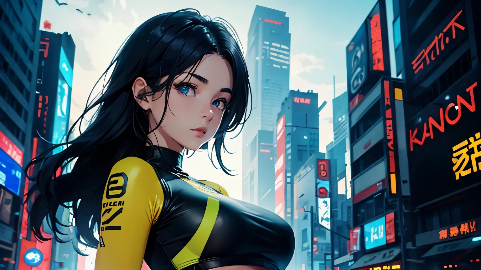 4K, A high resolution, Best quality at best, masterpiece, perfect colors, perfect shadow, perfect litthing, ((sportrait)), 1woman, fit-muscled body, bright yellow eyes,dark blue hair , blue eyes, With round lenses, The audience watched carefully, (s face: 1.2), Perfect female figure, ((standing)), ((yellow Tight crop top leather suit)), ((shy and looking at viewert)), (Perfect thick white eyebrows) Delicate fur, 详细s face, s the perfect face, At a fantasy cyberpunk city , (model pose standing), energetic background, perfect city skyscape, lighting atmosphere, ((Bonifasko lighting)), (The round lenses on his eyes)(詳細な目), Perfect student, face close up