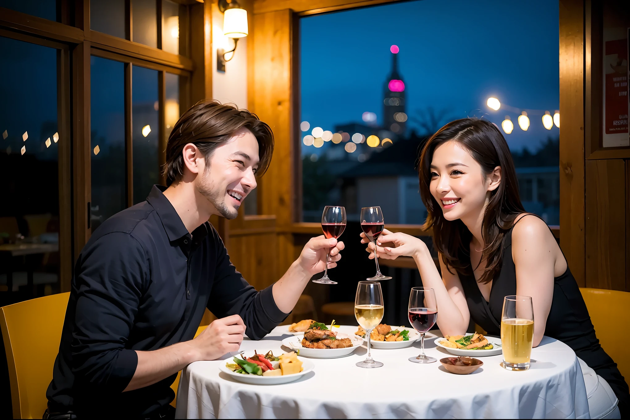 64k, UHD, highest quality, masterpiece: 1.2), (realistic, photorealistic: 1.37), Super detailed, celebration party、beauty、beautiful mature woman、3 women who love wine、Three Men、champagne、Sparkling wine、winter night、restaurantでワイン宴会、(slimな男女4名),(Wine party for 5 people)、(slimフェイス),Happy、 最高なsmile、Fox Face、Berry Short、(because I&#39;thin), (brown hair), (shortcut), long sleeve shirt、winter fashion、Japanese、Dutch、German、Portuguese、Belgian、Italian、french, (gushing), (slimボティ), (brown hair), (shortcut), 端正なbeauty、cheeks blush a little, (34 years old), 38 years old,32 years old、40 years old、27 years old、 A beautiful and detailed night view spreads out outside the window....., restaurant, wine glassが座っている, At night, in a prominent place (from the Upper body) nova frog style, actress, model, Upper body, White wine, slim, wine glass, Very beautiful night view, wine glass Put in the Middle, Happy smile, (smile: 1.15), 