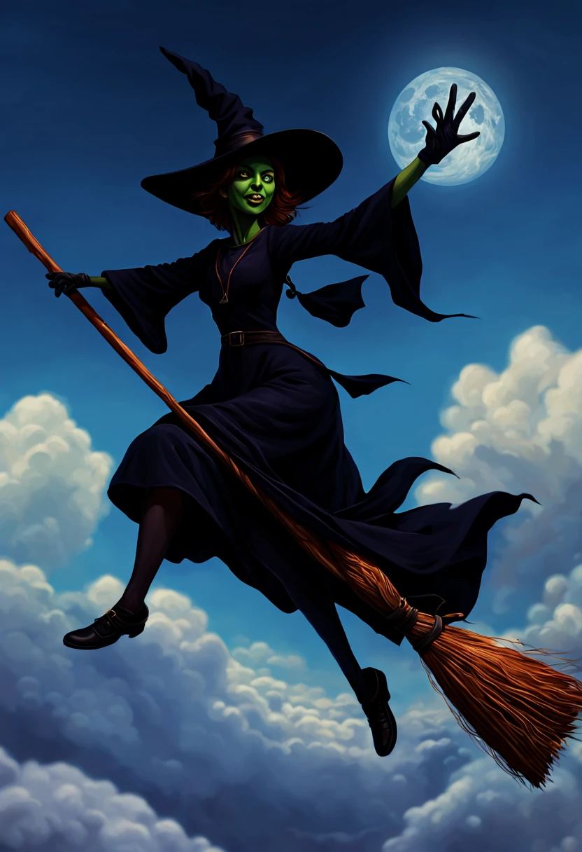 (sit on a broom:1.5) witches flying in the sky with their brooms and hats, wraiths riding in the sky, sky witch, flying on the broom, rob rey, by Alexander Kucharsky, fantasy illustrations, realistic fantasy illustration, wlop and rhads, flying in sky, high fantasy illustration, jen bartel, fantasy art behance, fantasy book illustration